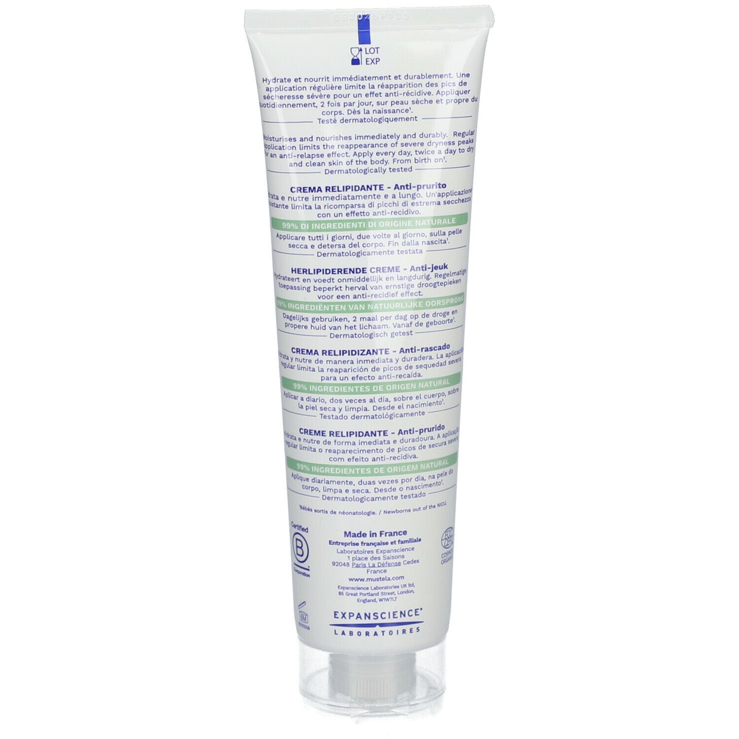 Achterkant van de Mustela Stelatopia+ crème tube. Meertalige tekst. BIO-certificering.