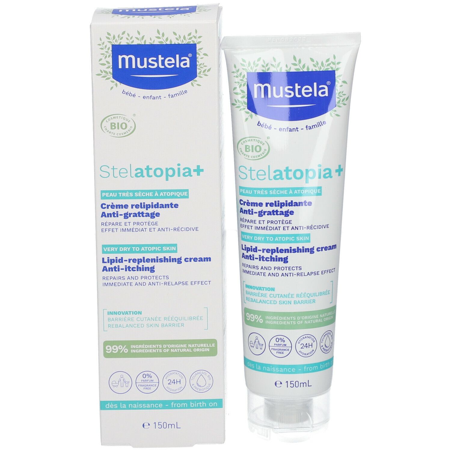 Mustela Stelatopia+ crème en verpakking. BIO-gecertificeerd. Voor atopische huid. 150ml.