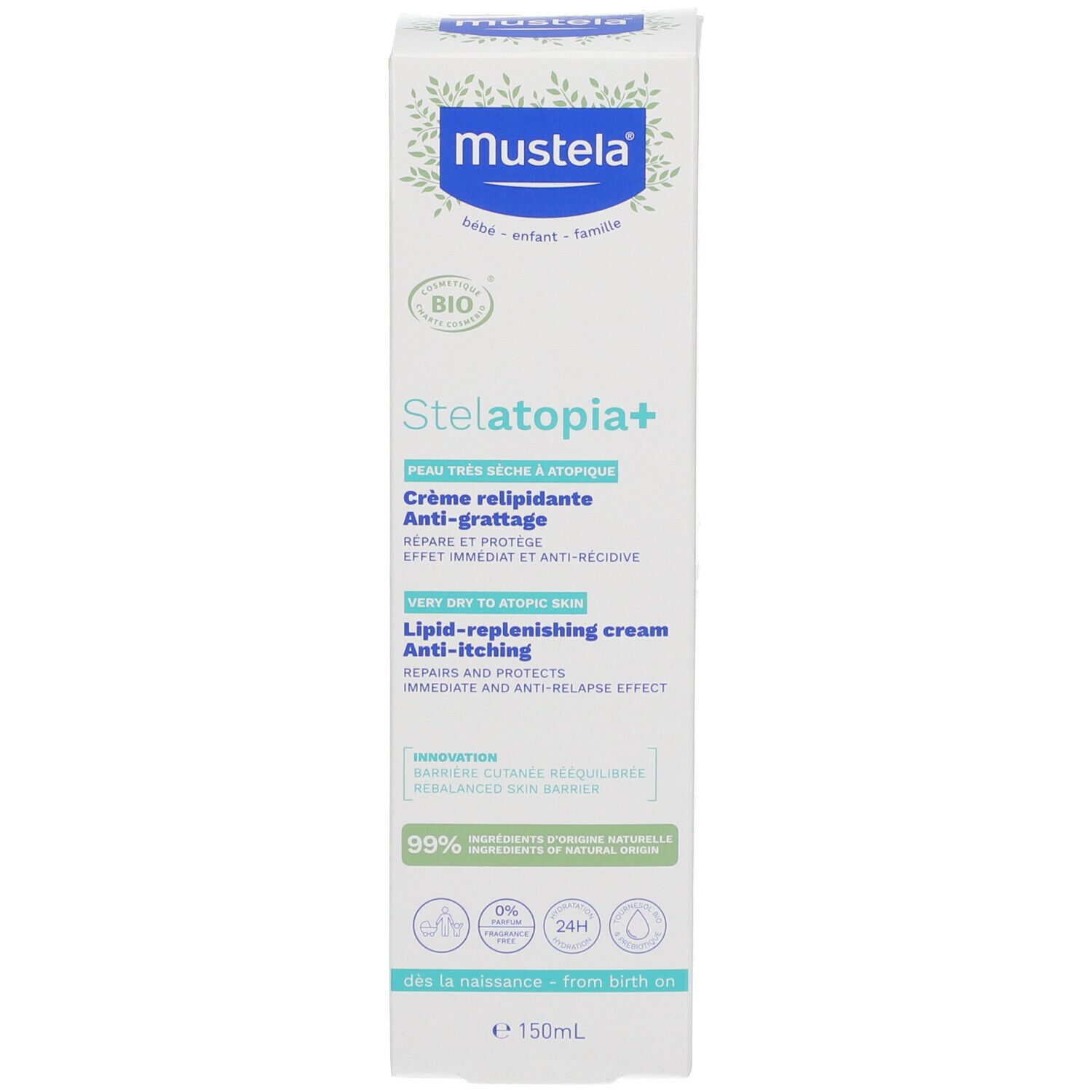 Verpakking van de Mustela Stelatopia+ crème. BIO-gecertificeerd. Voor atopische huid. 150ml.