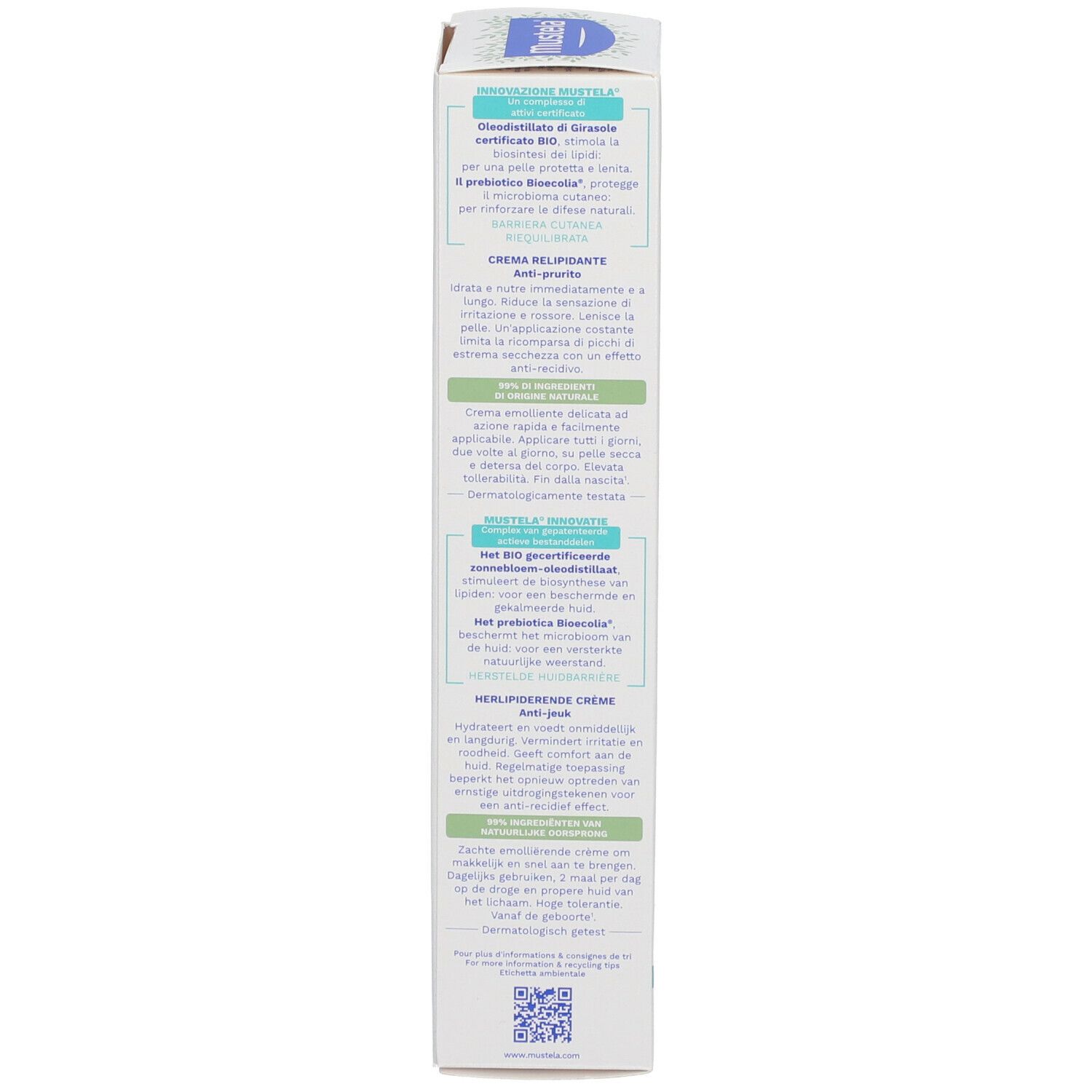Verpakking van de Mustela Stelatopia+ crème. Meertalige tekst. BIO-certificering.