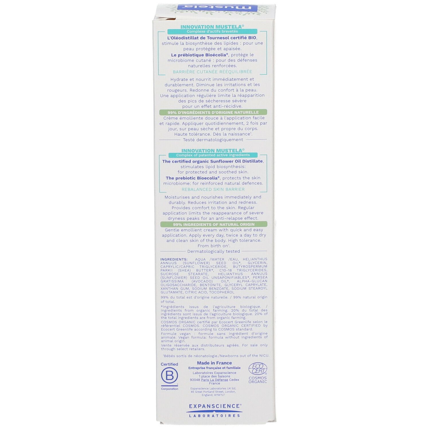 Verpakking van de Mustela Stelatopia+ crème. Meertalige tekst. BIO-certificering.