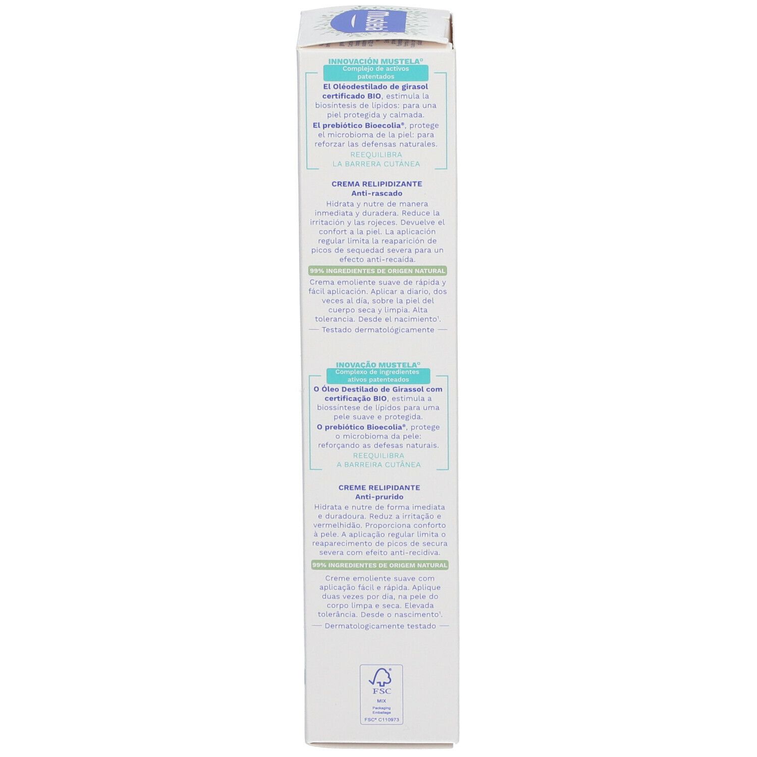 Verpakking van de Mustela Stelatopia+ crème. Meertalige tekst. BIO-certificering.