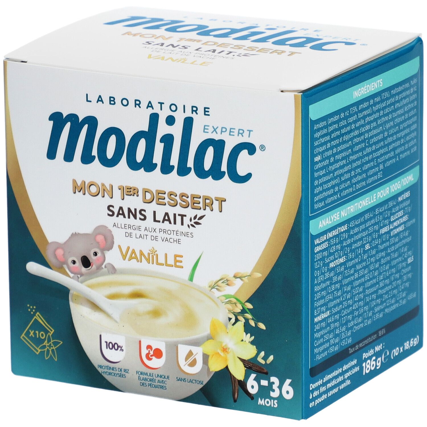 Modilac-verpakking. Opschrift: Mon 1er Dessert sans lait vanille. Afbeelding: dessert met koala, rijst en vanille. Voor 6-36 maanden.