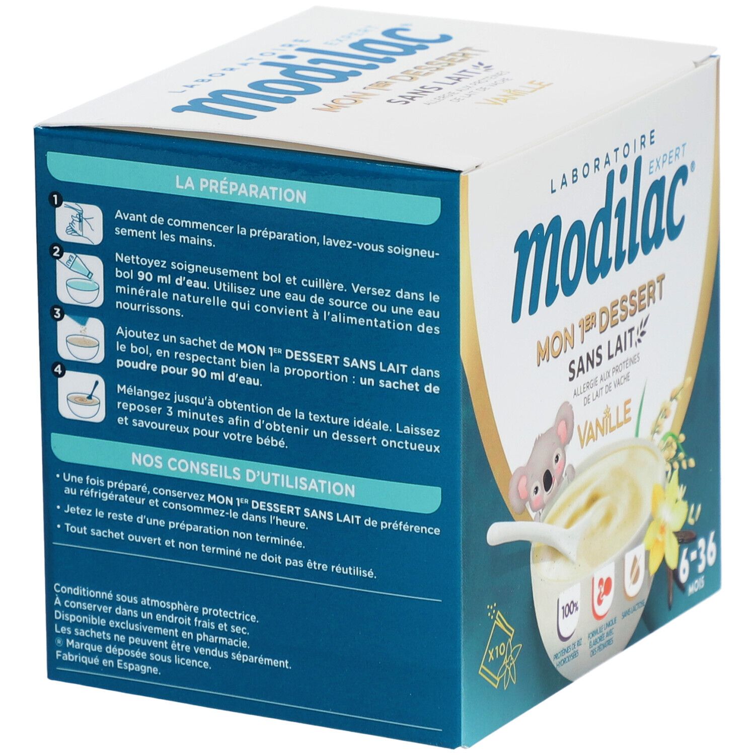 Modilac-verpakking. Opschrift: Mon 1er Dessert sans lait vanille. Bereidings- en gebruiksaanwijzing. Voor 6-36 maanden.