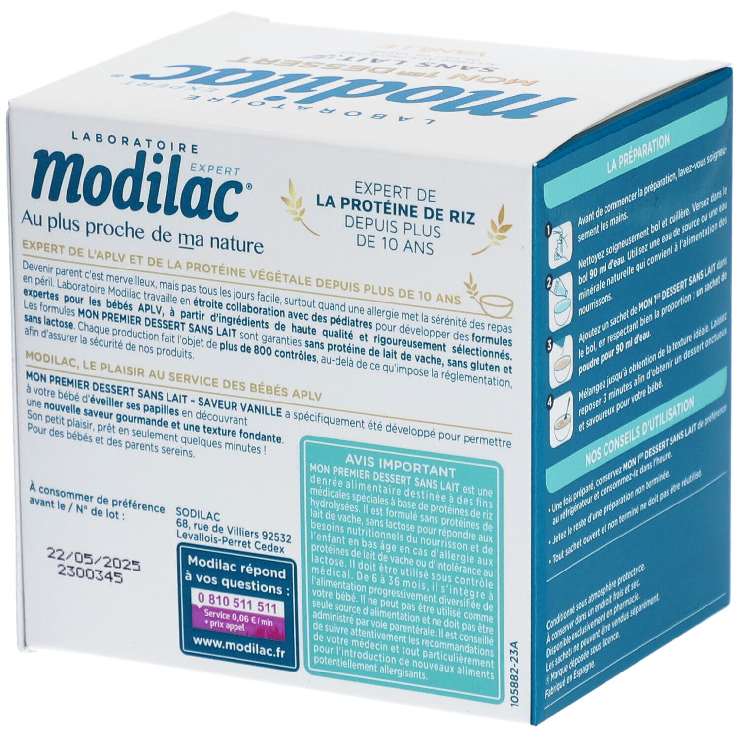 Modilac-verpakking. Opschrift: Mon 1er Dessert sans lait vanille. Tekst over rijstproteïne. Ten minste houdbaar tot: 22/05/2025.