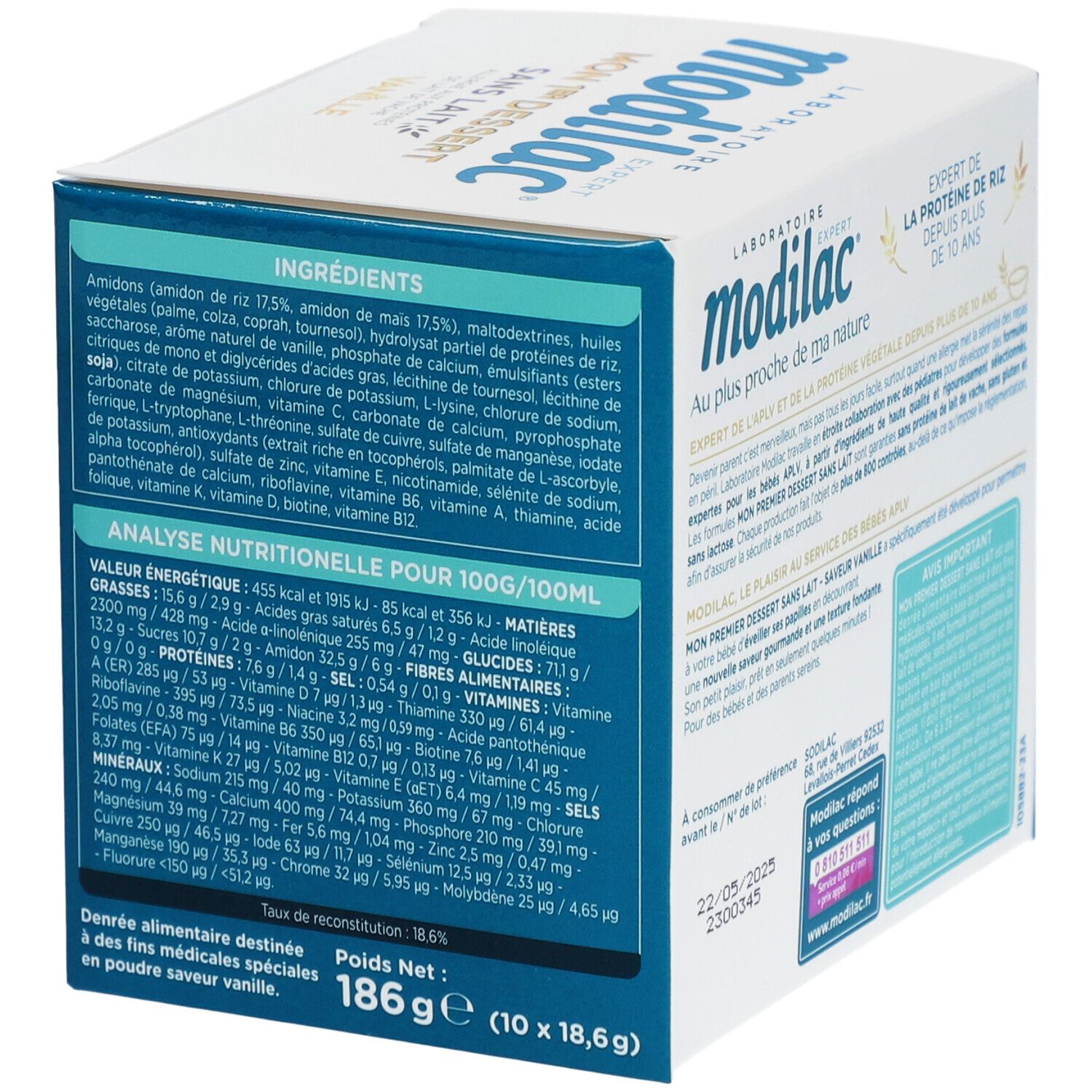 Modilac-verpakking. Opschrift: Mon 1er Dessert sans lait vanille. Ingrediëntenlijst en voedingswaarden. 186g (10 x 18,6g).