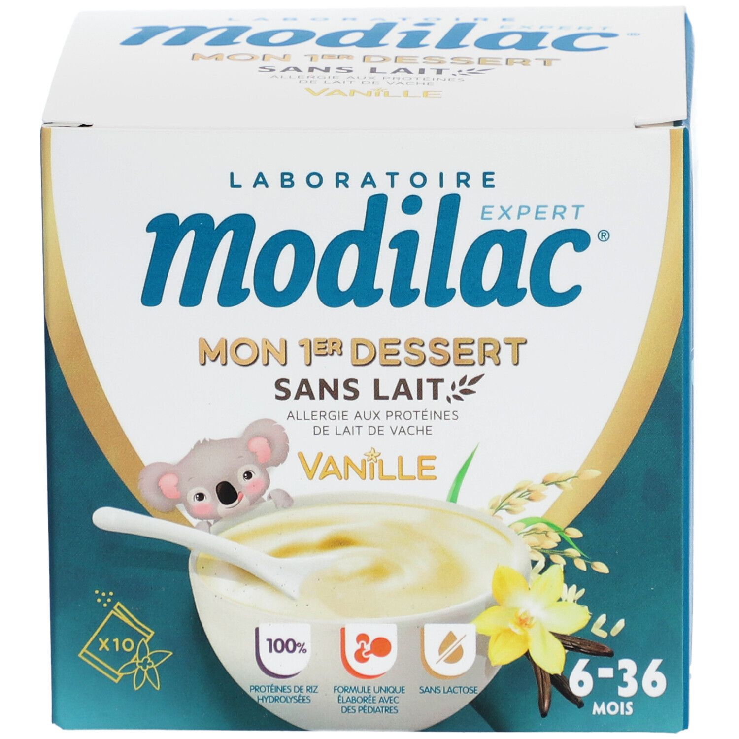 Modilac-verpakking. Opschrift: Mon 1er Dessert sans lait vanille. Afbeelding: dessert met koala, rijst en vanille. Voor 6-36 maanden.