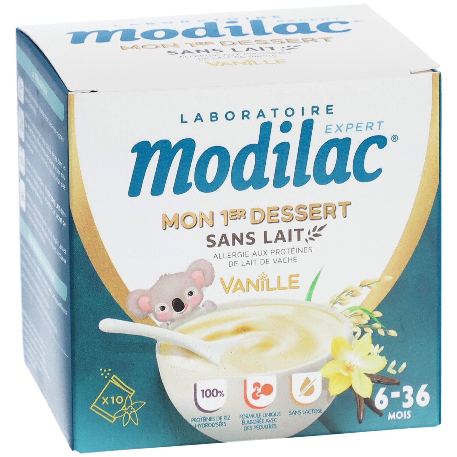 Modilac-verpakking. Opschrift: Mon 1er Dessert sans lait vanille. Afbeelding: dessert met koala, rijst en vanille. Voor 6-36 maanden.