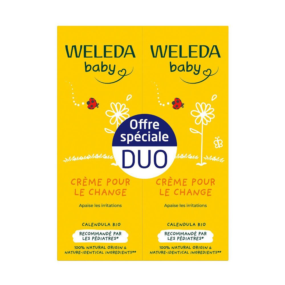 Twee gele dozen. Opschrift: WELEDA baby, Crème pour le Change, Calendula. Duo-verpakking met sticker.