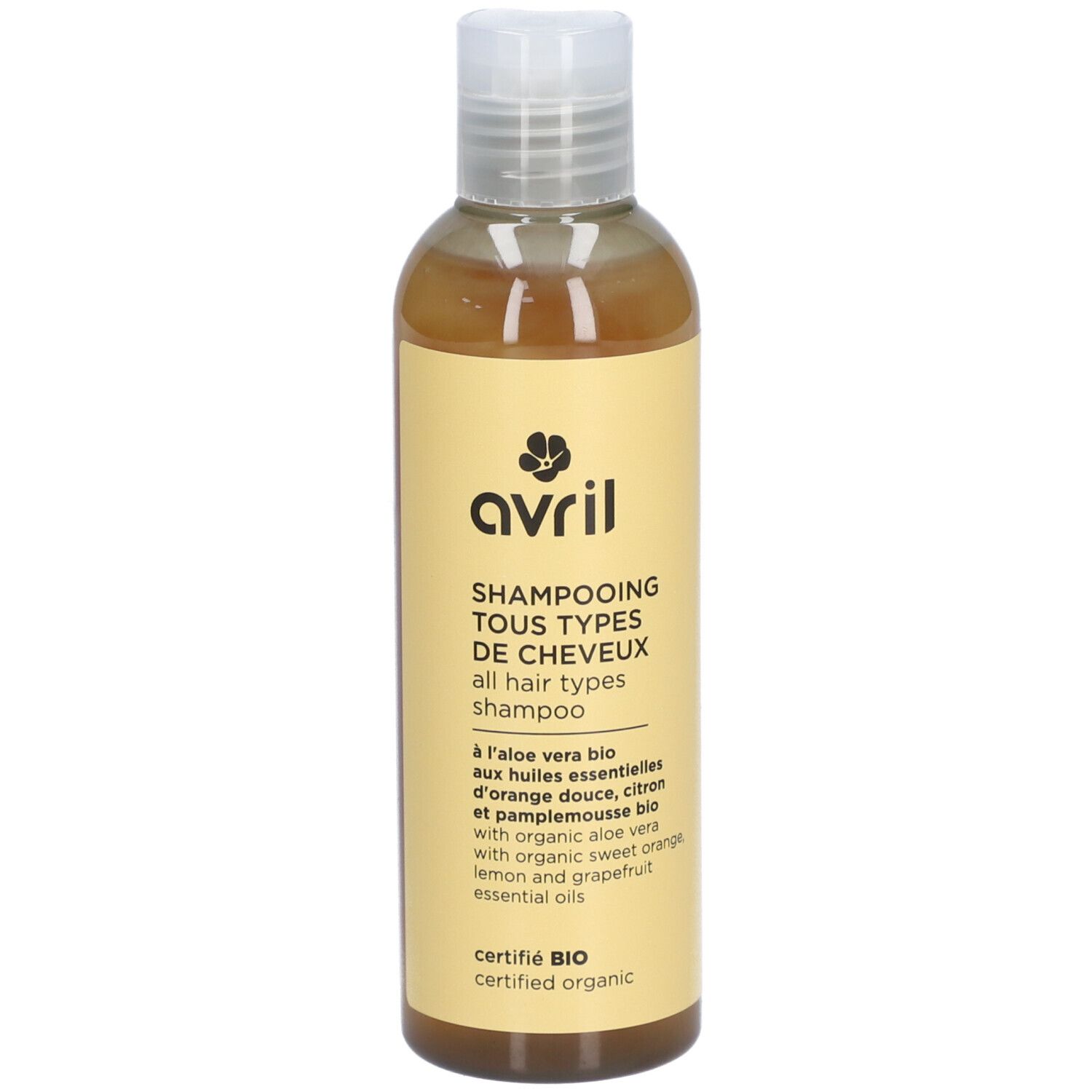 Fles Shampooing Tous Types de Cheveux. Geel etiket met logo en info. Gecertificeerd BIO, met aloë vera.