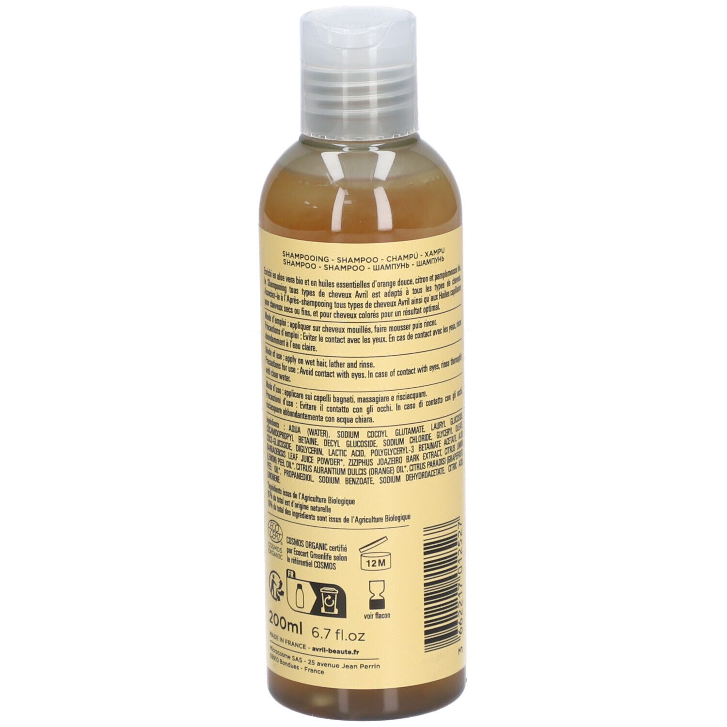 Achterkant shampoo fles. Ingrediënten en instructies. Bio-certificering en volume-aanduiding.