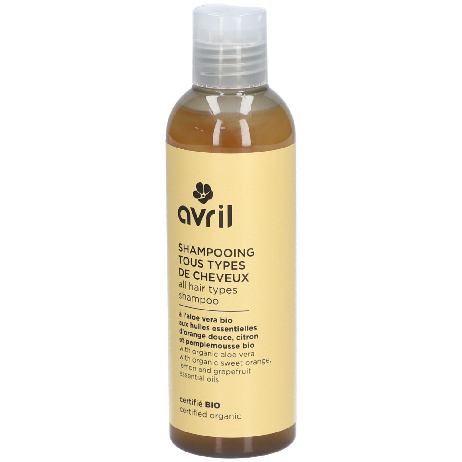 Fles Shampooing Tous Types de Cheveux. Geel etiket met logo en info. Gecertificeerd BIO, met aloë vera.