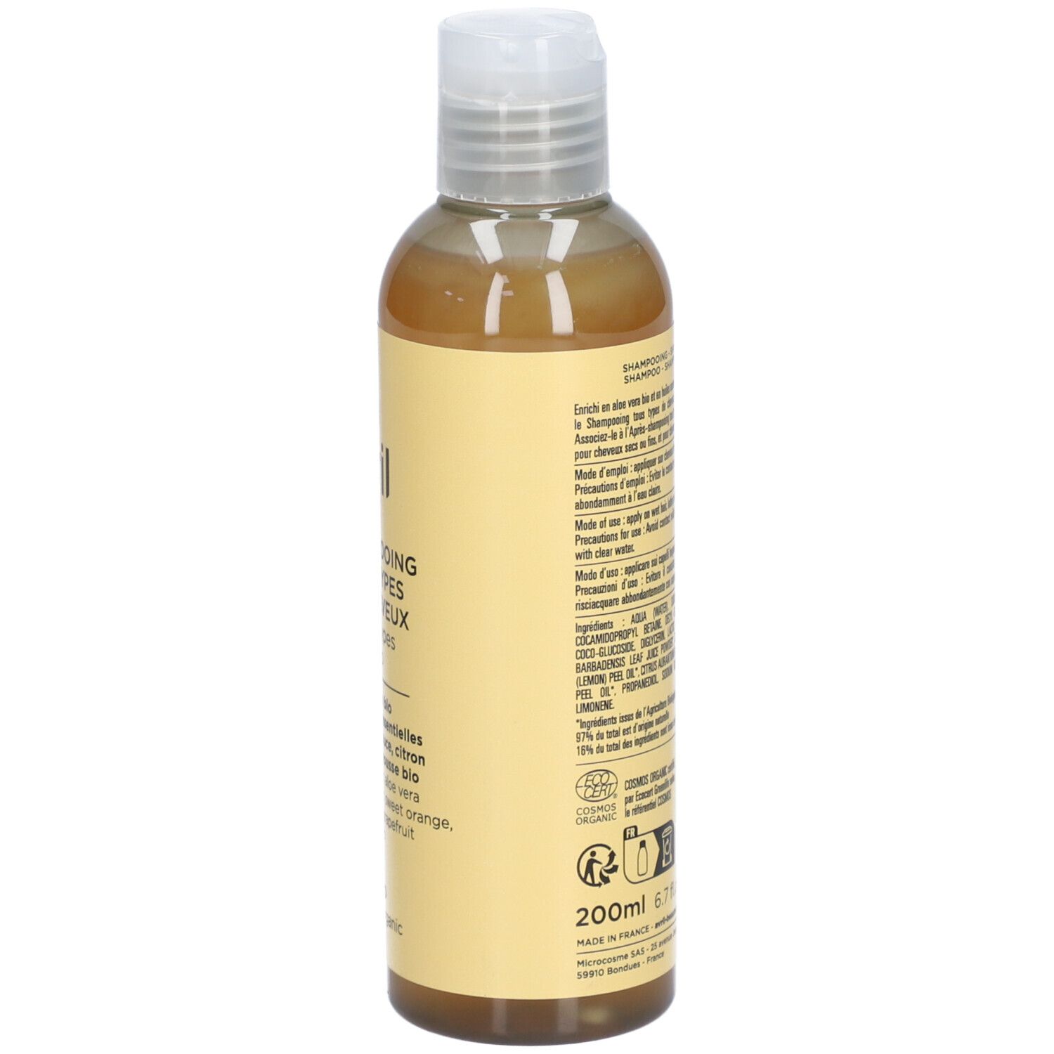 Achterkant shampoo fles. Ingrediënten en instructies. Bio-certificering en volume-aanduiding.