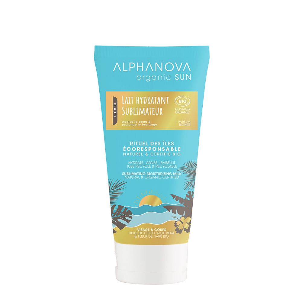Turquoise tube met opdrukken. Opschrift: ALPHANOVA organic SUN, Lait Hydratant Sublimateur, BIO-certificering. Illustratie: strandmotief.