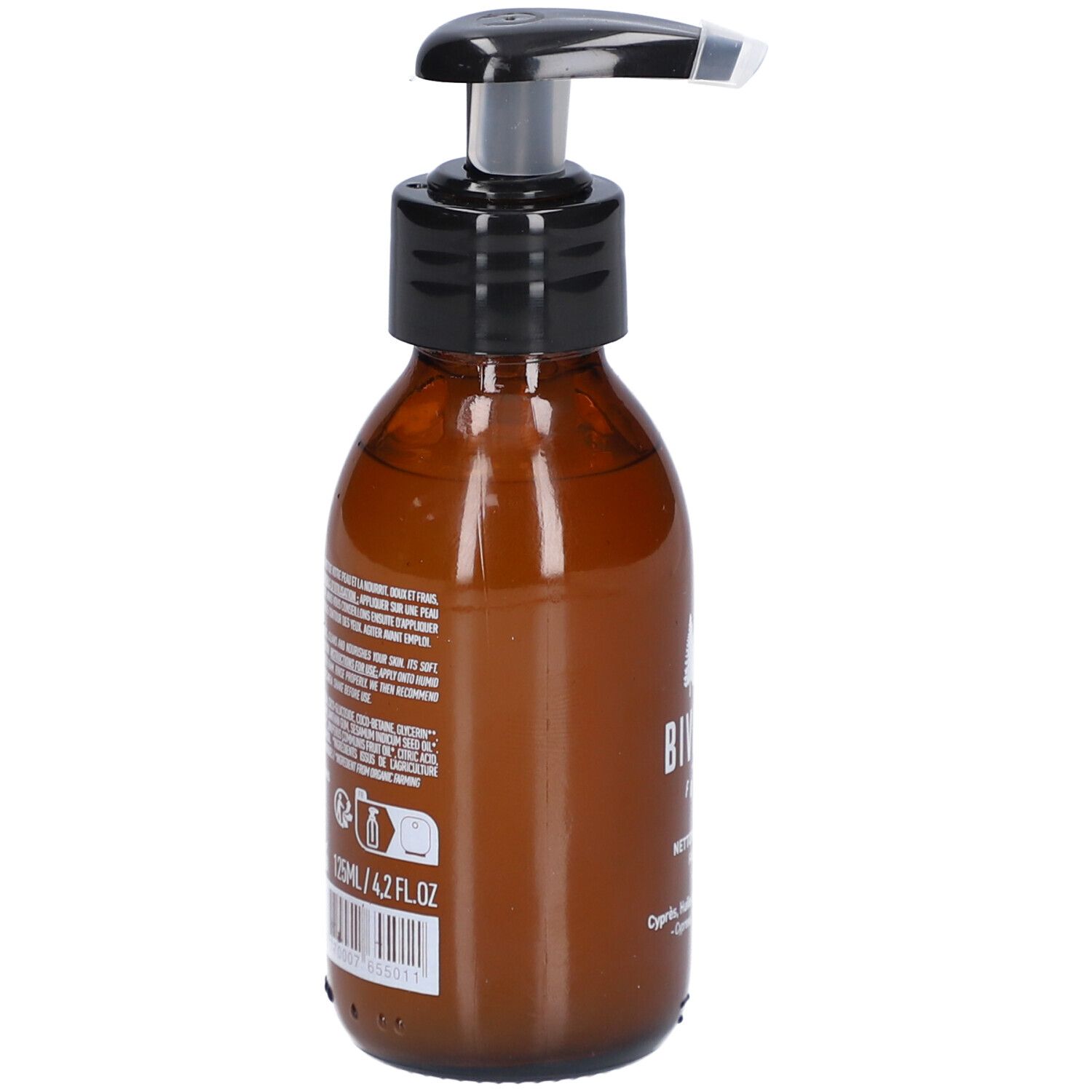 Bruine glazen fles met zwarte pomp. Achterkant met tekst en ingrediënten.