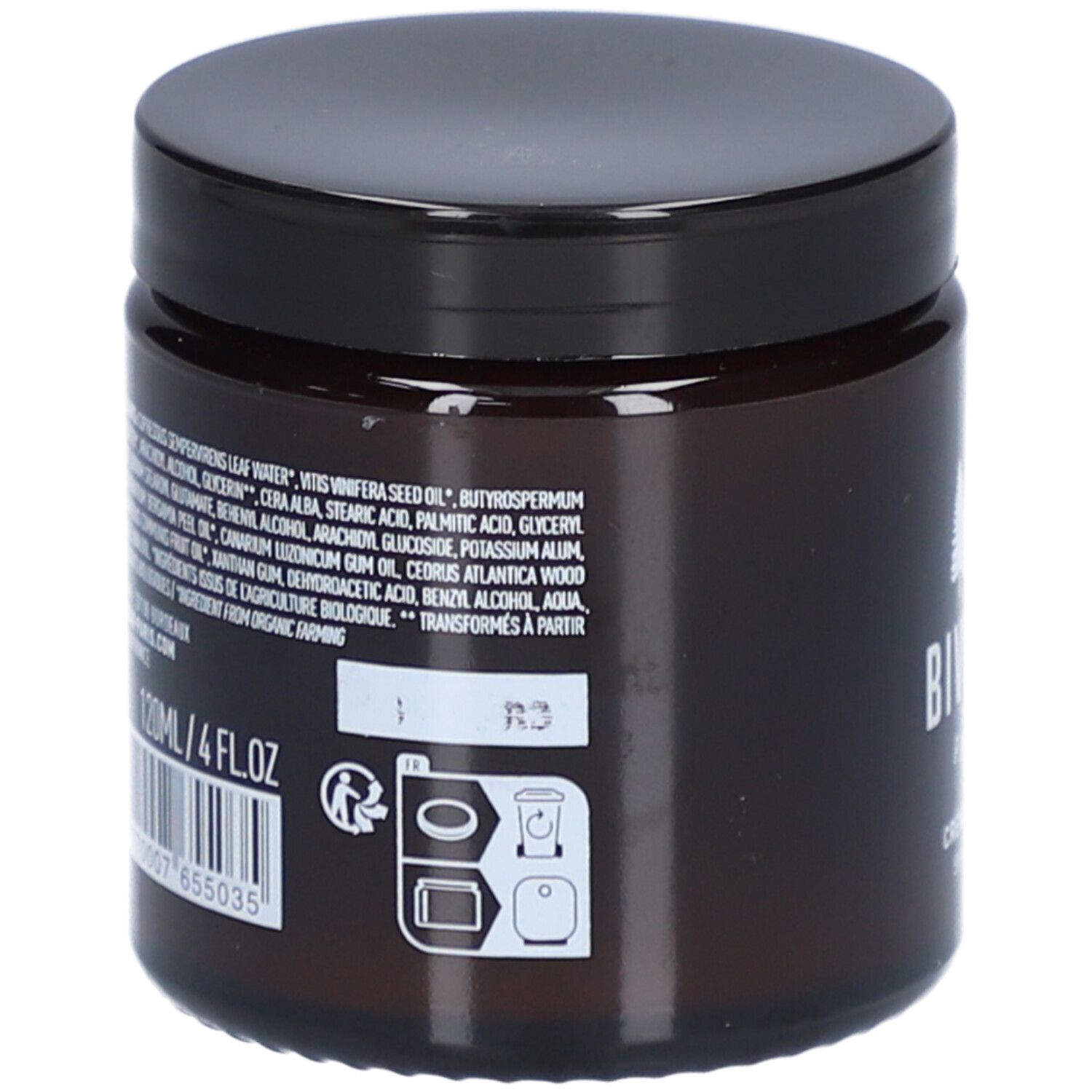 Achterkant van de bruine glazen pot. Bevat tekst met ingrediënten en instructies. 120ml/4 fl oz. Barcode en recyclingsymbolen.