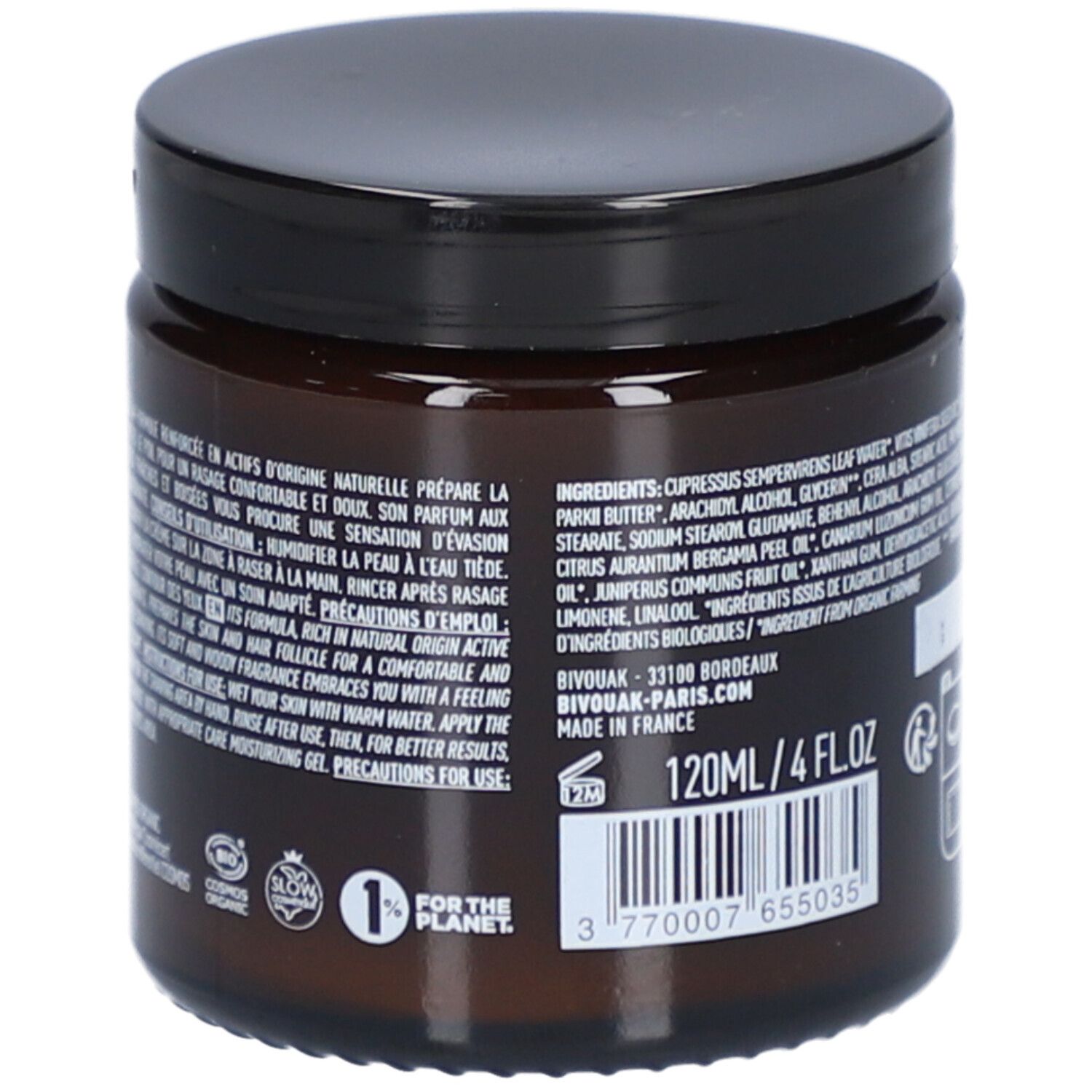 Achterkant van de bruine glazen pot. Tekst met ingrediënten en instructies. 120ml/4 fl oz. Barcode en recyclingsymbolen.