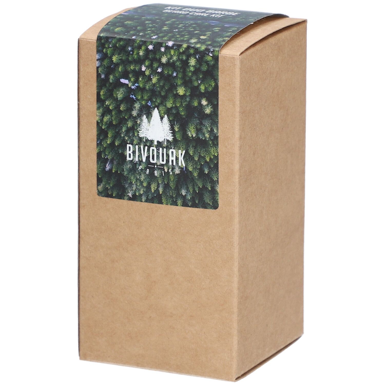 Boîte en carton avec logo Bivouak et fond vert. Autocollant sur le dessus. Couleur marron.