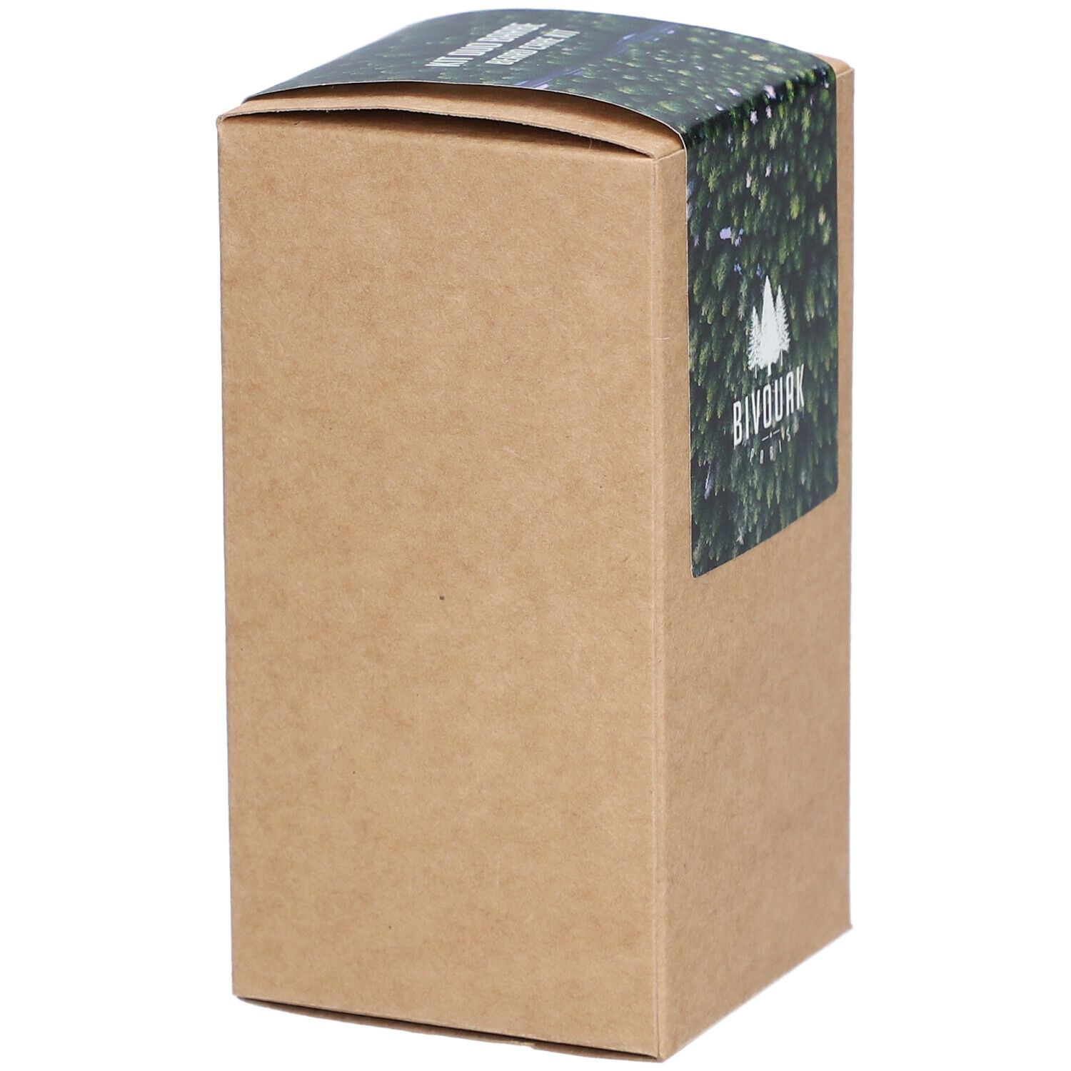 Boîte en carton avec logo Bivouak et fond vert. Autocollant sur le dessus. Couleur marron.