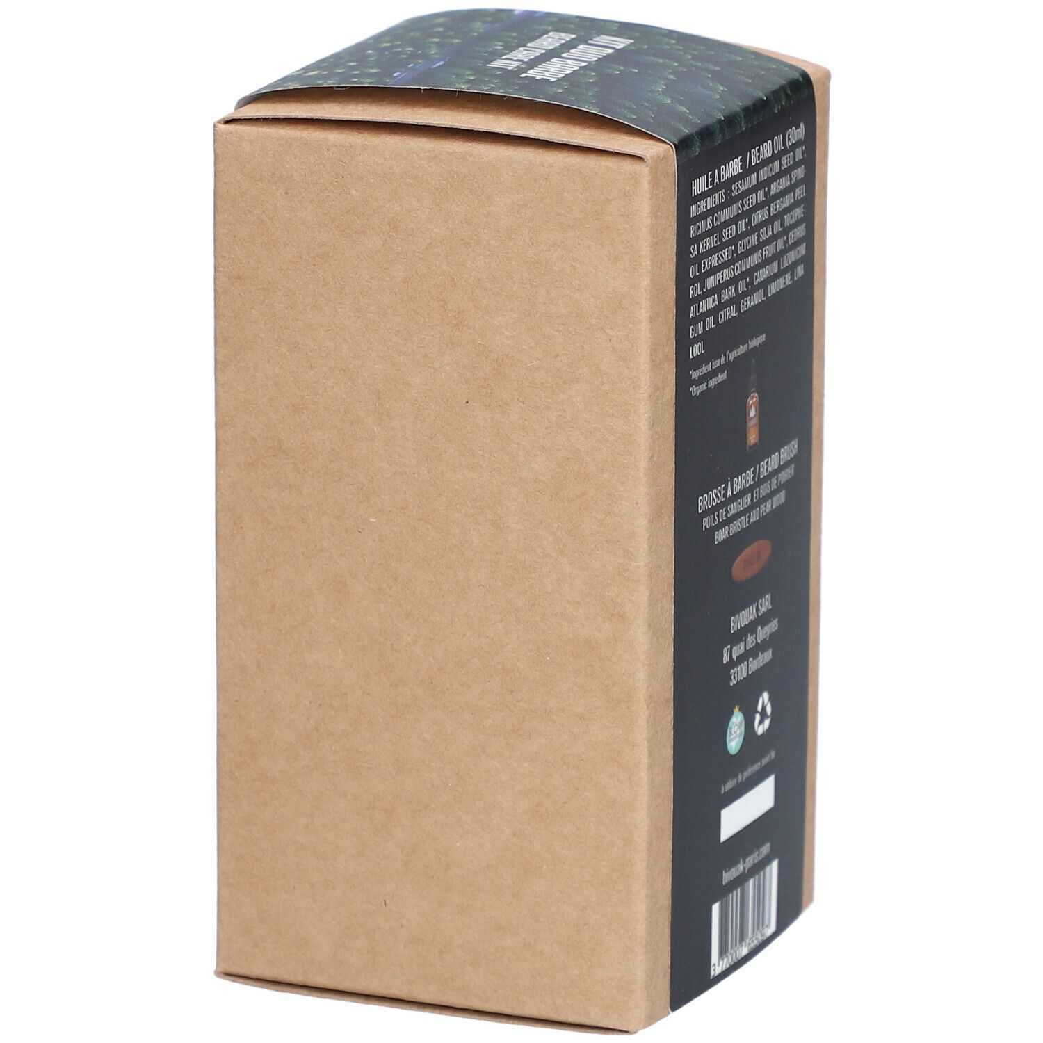 Boîte en carton avec informations sur le produit. Contient ingrédients, adresse et logos. Texte noir sur fond blanc.