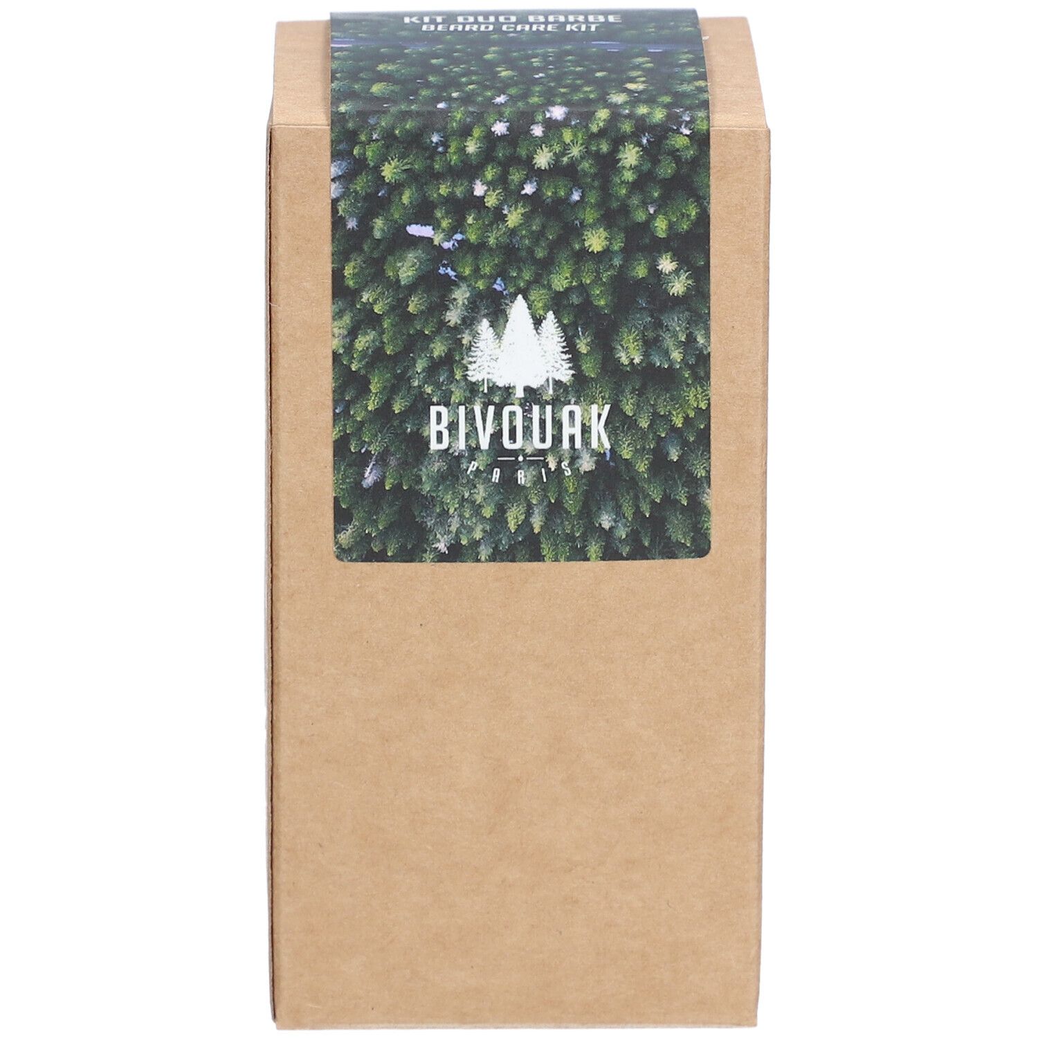 Boîte en carton avec logo Bivouak et fond vert. Autocollant sur le dessus. Couleur marron.