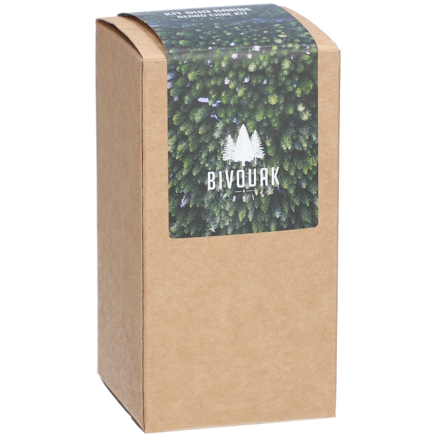 Boîte en carton avec logo Bivouak et fond vert. Autocollant sur le dessus. Couleur marron.