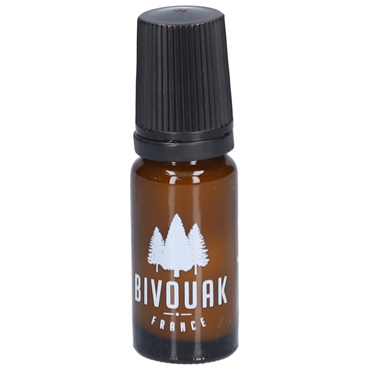 Bruine glazen fles met zwarte dop. Opschrift: BIVOUAK FRANCE. Logo: drie bomen.