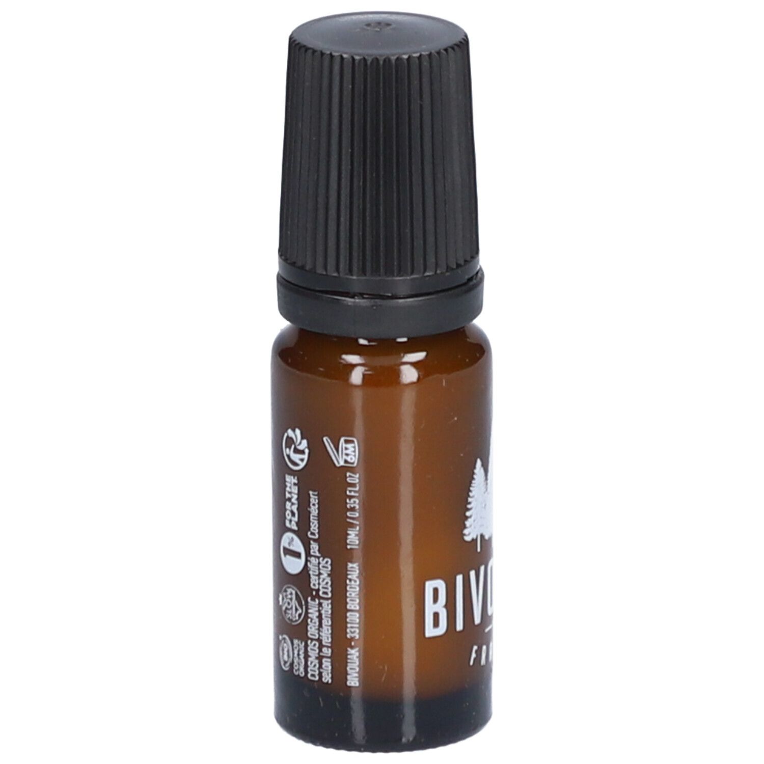 Bruine glazen fles met zwarte dop. Opschrift: BIVOUAK FRANCE. Logo: drie bomen. Met certificeringen.