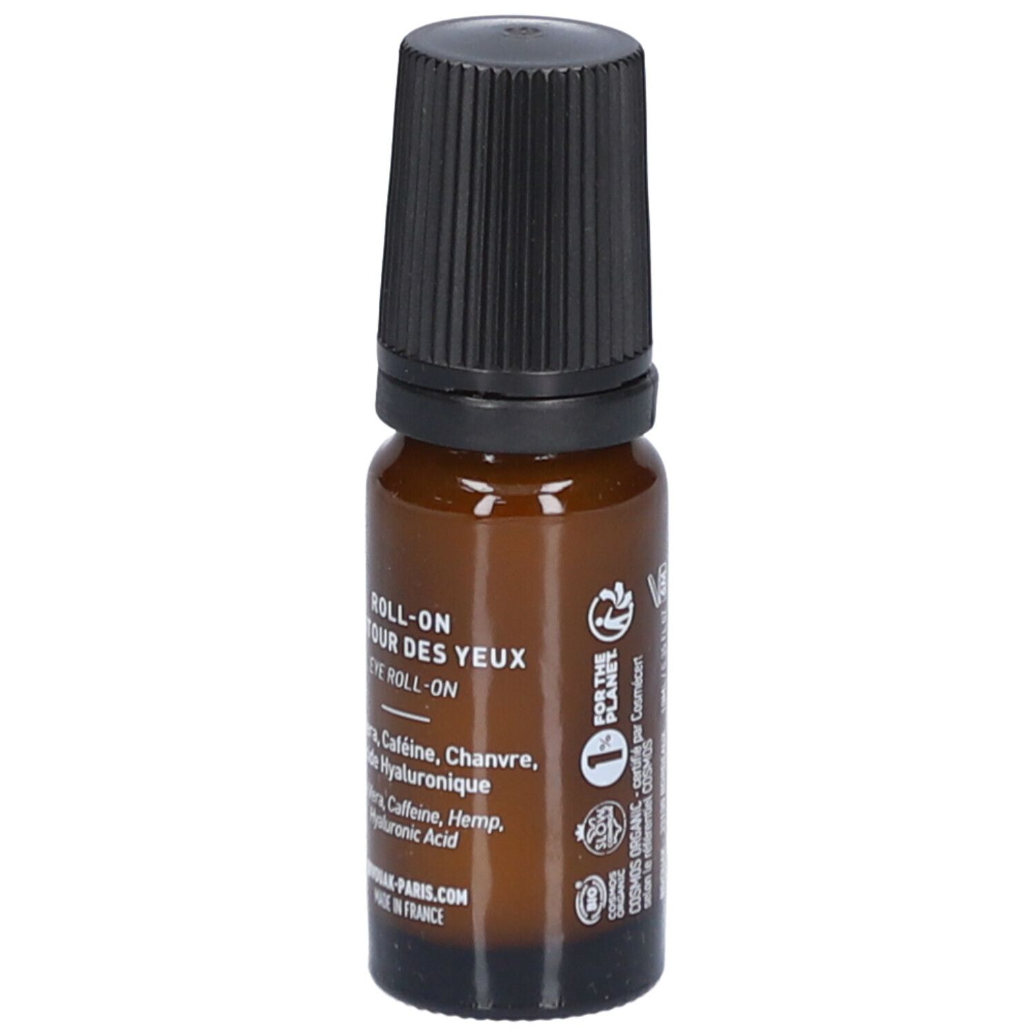 Bruine glazen fles met zwarte dop. Opschrift: ROLL-ON CONTOUR DES YEUX. Ingrediënten. Logo: drie bomen.