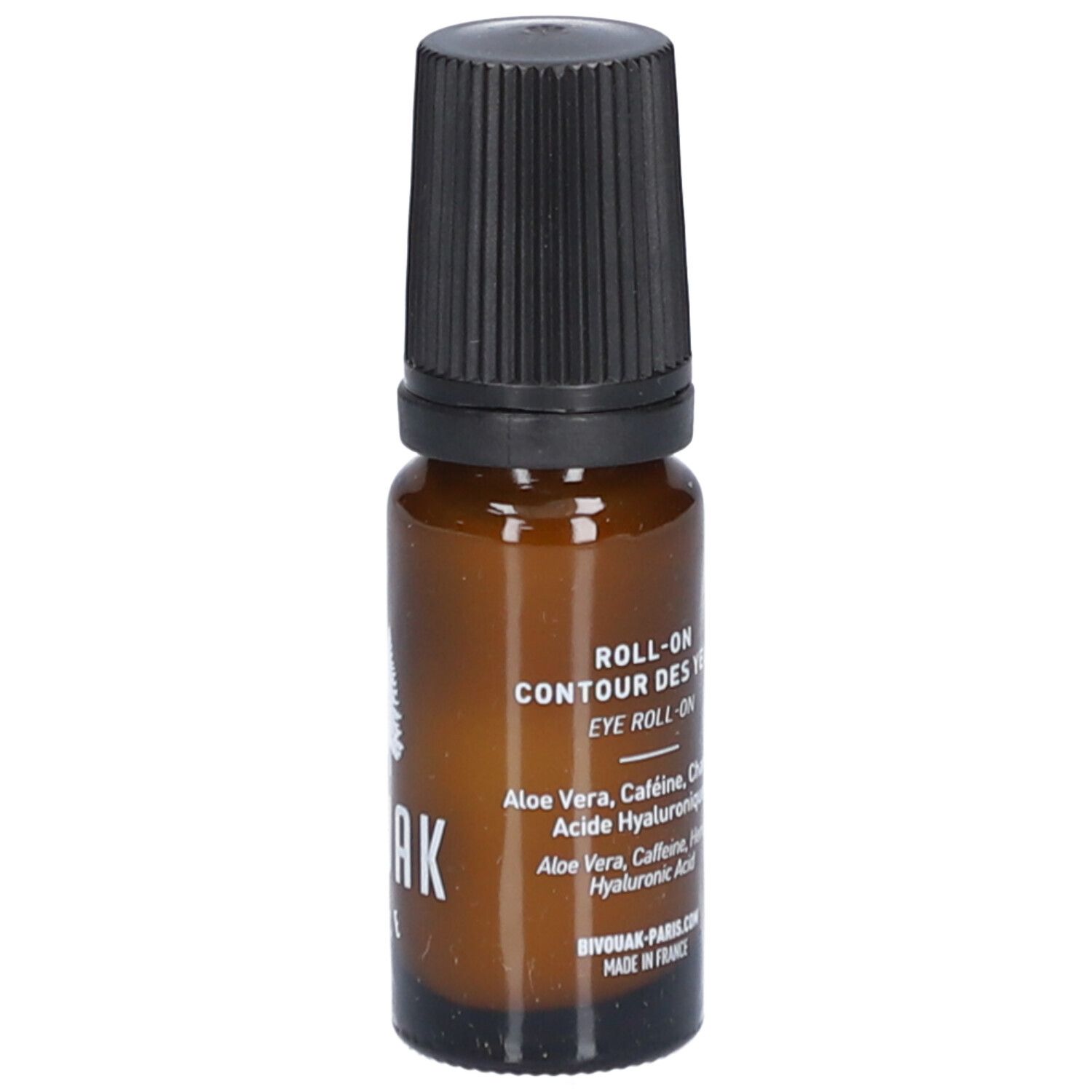 Bruine glazen fles met zwarte dop. Opschrift: ROLL-ON CONTOUR DES YEUX. Ingrediënten. Logo: BIVOUAK.