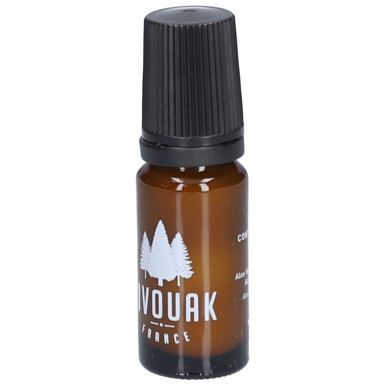 Bruine glazen fles met zwarte dop. Opschrift: BIVOUAK FRANCE. Logo: drie bomen. Met ingrediënten.