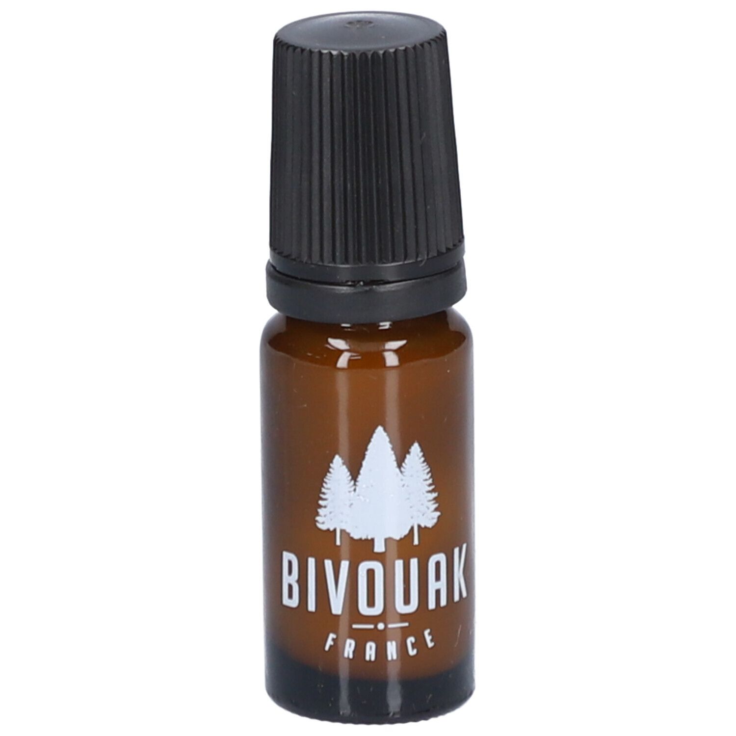 Bruine glazen fles met zwarte dop. Opschrift: BIVOUAK FRANCE. Logo: drie bomen.