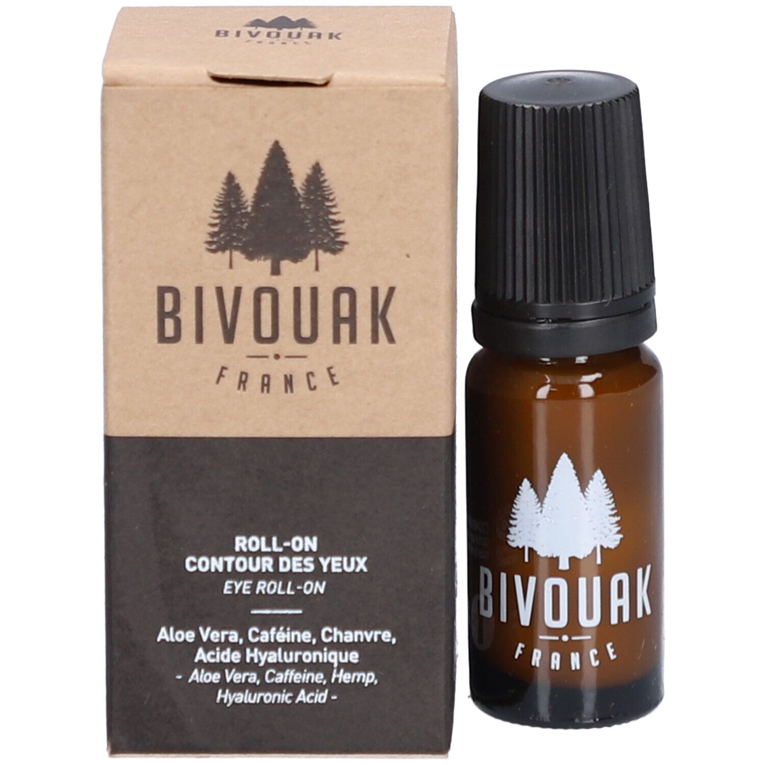 Product en verpakking. Bruine glazen fles met karton. Opschrift: BIVOUAK FRANCE. ROLL-ON CONTOUR DES YEUX.