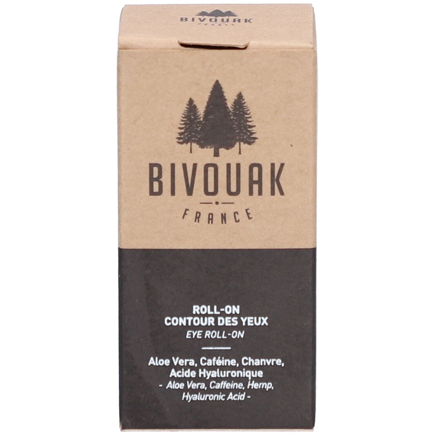 Kartonnen verpakking. Opschrift: BIVOUAK FRANCE. ROLL-ON CONTOUR DES YEUX. Ingrediënten.