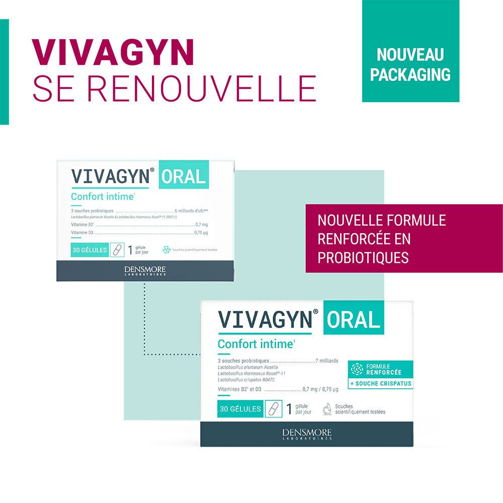 Paquets Vivagyn® Oral. Nouveau packaging. Deux boîtes avec l'inscription Vivagyn® Oral sont présentées.