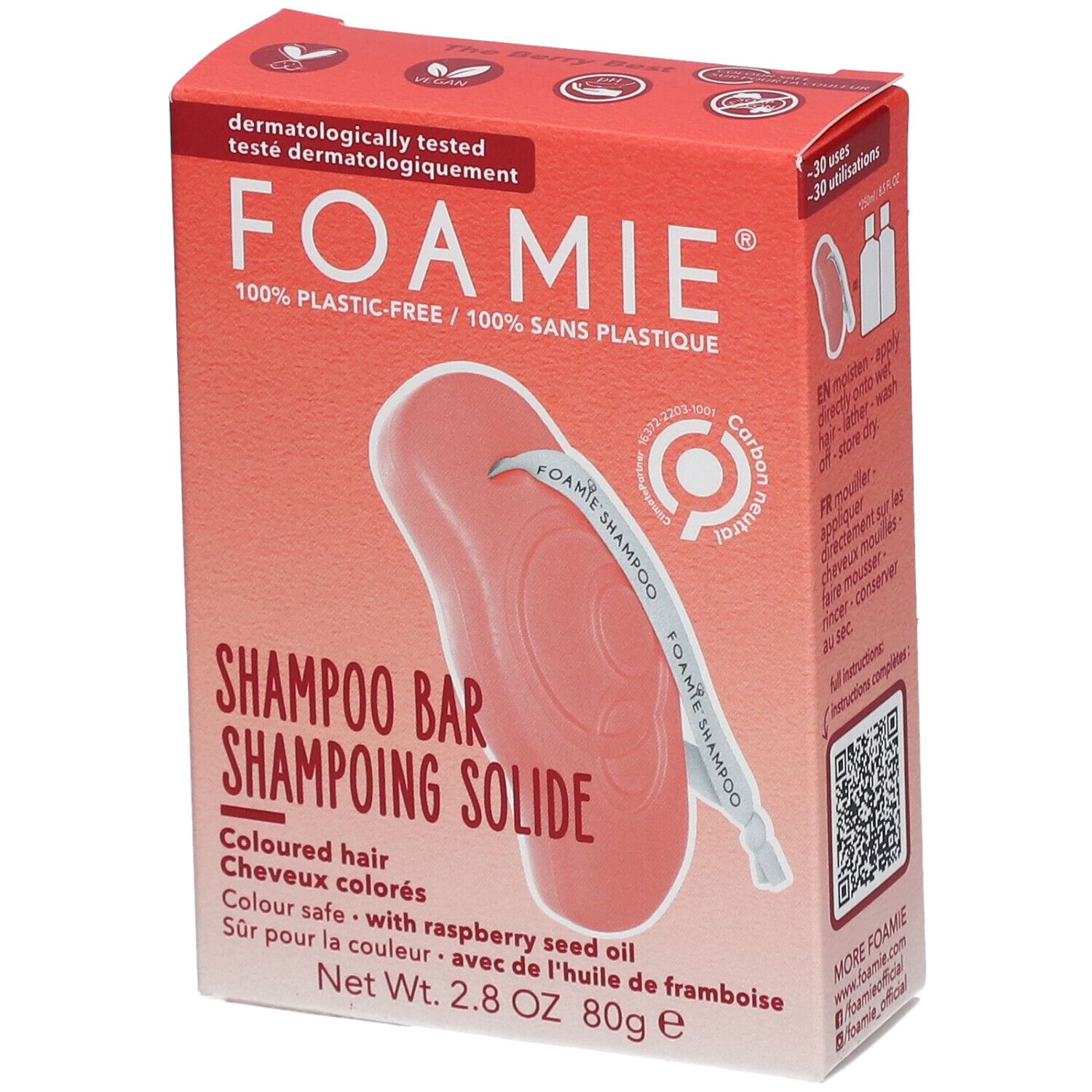 Rode doos met Shampoo Bar. Opschrift: FOAMIE, Shampoo Bar, voor gekleurd haar. Bevat frambozenpitolie.