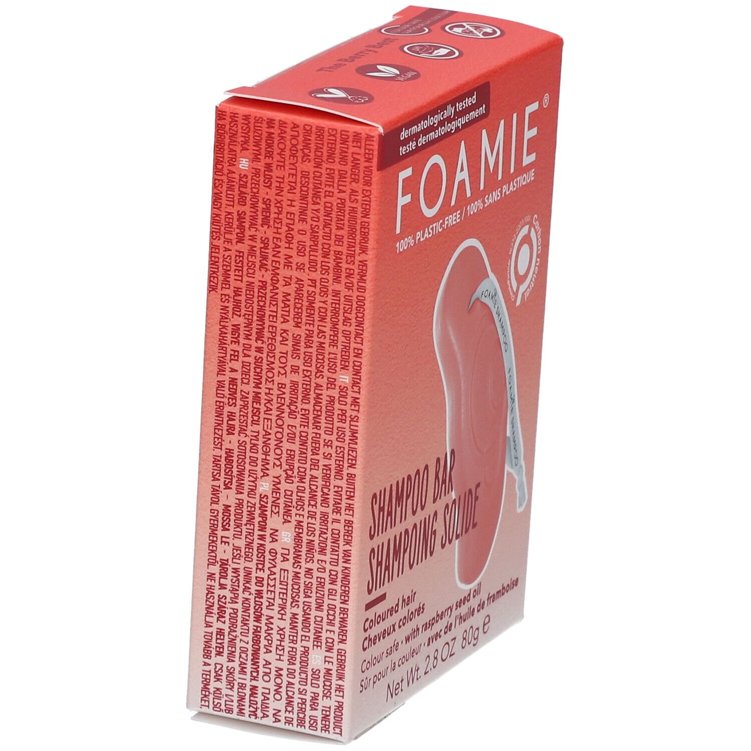 Rode doos met Shampoo Bar. Opschrift: FOAMIE, Shampoo Bar, voor gekleurd haar. Bevat frambozenpitolie. Zijaanzicht.