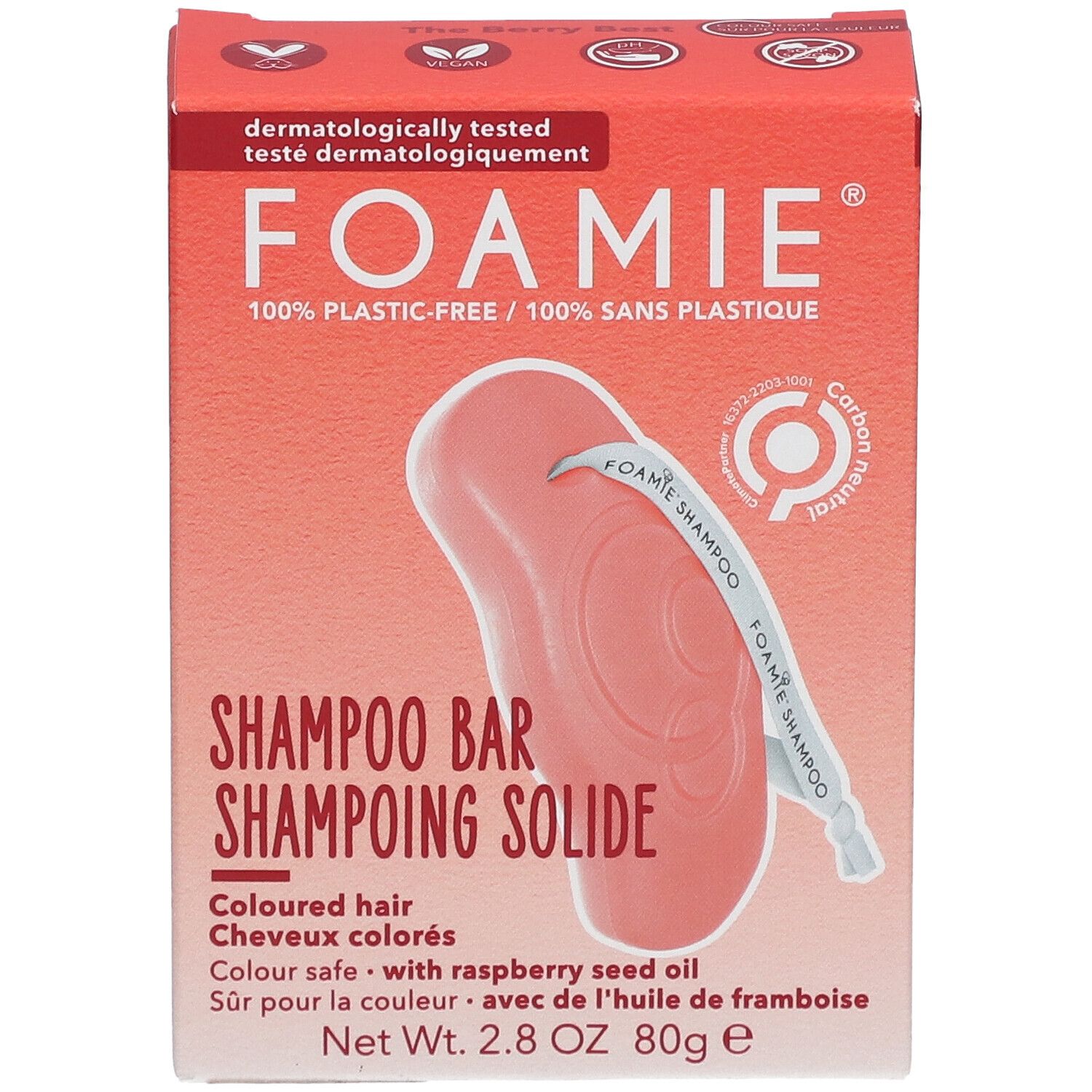 Rode doos met Shampoo Bar. Opschrift: FOAMIE, Shampoo Bar, voor gekleurd haar. Bevat frambozenpitolie. Bovenaanzicht.