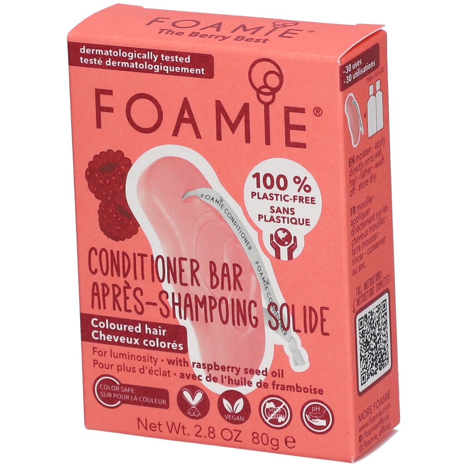 Roze kartonnen verpakking met productinfo. Opschrift: FOAMIE, Conditioner Bar, 100% plasticvrij. Bevat frambozenpitolie.