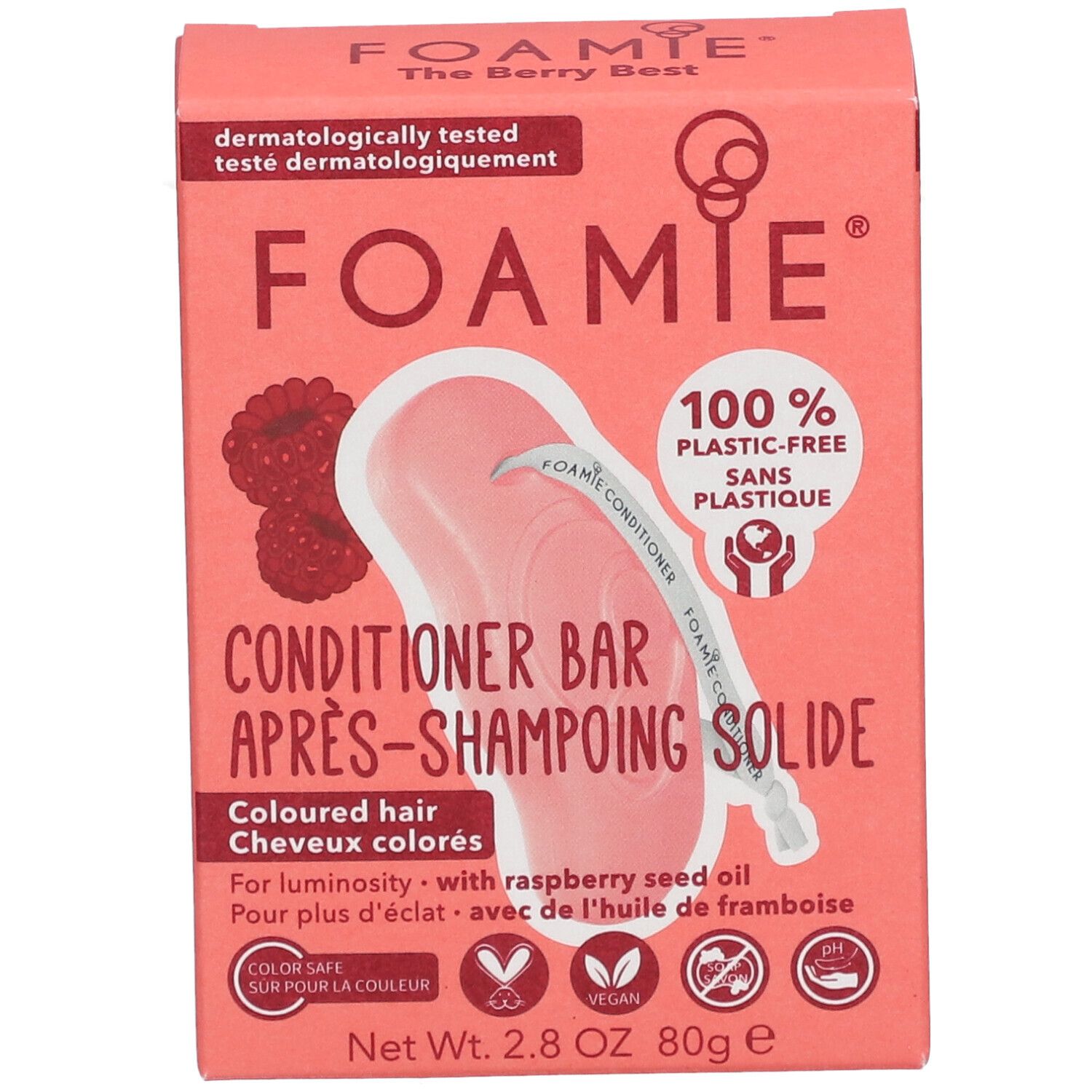 Roze kartonnen verpakking met productinfo. Opschrift: FOAMIE, Conditioner Bar, 100% plasticvrij. Bevat frambozenpitolie. Vegan.