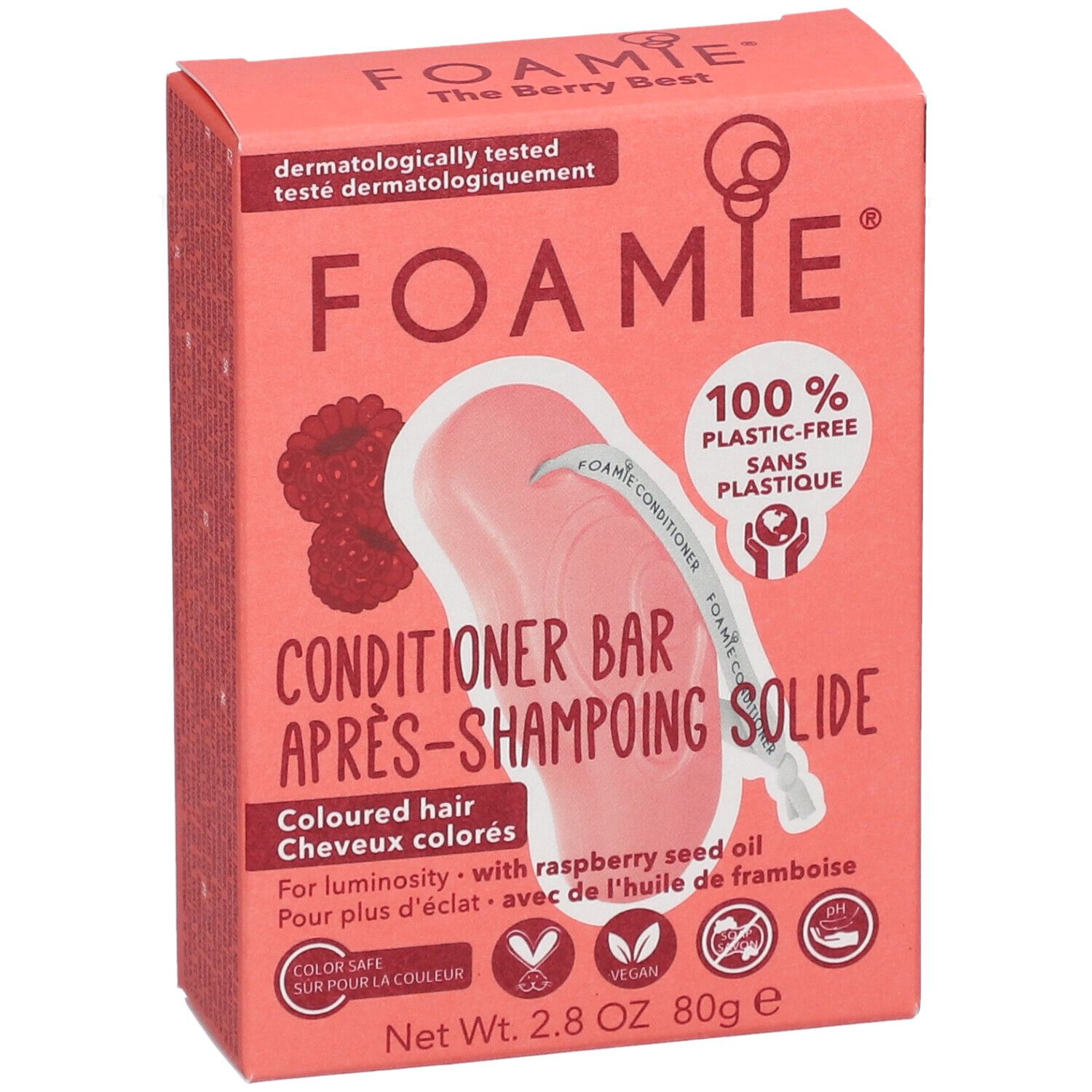 Roze kartonnen verpakking met productinfo. Opschrift: FOAMIE, Conditioner Bar, 100% plasticvrij. Bevat frambozenpitolie. Vegan.