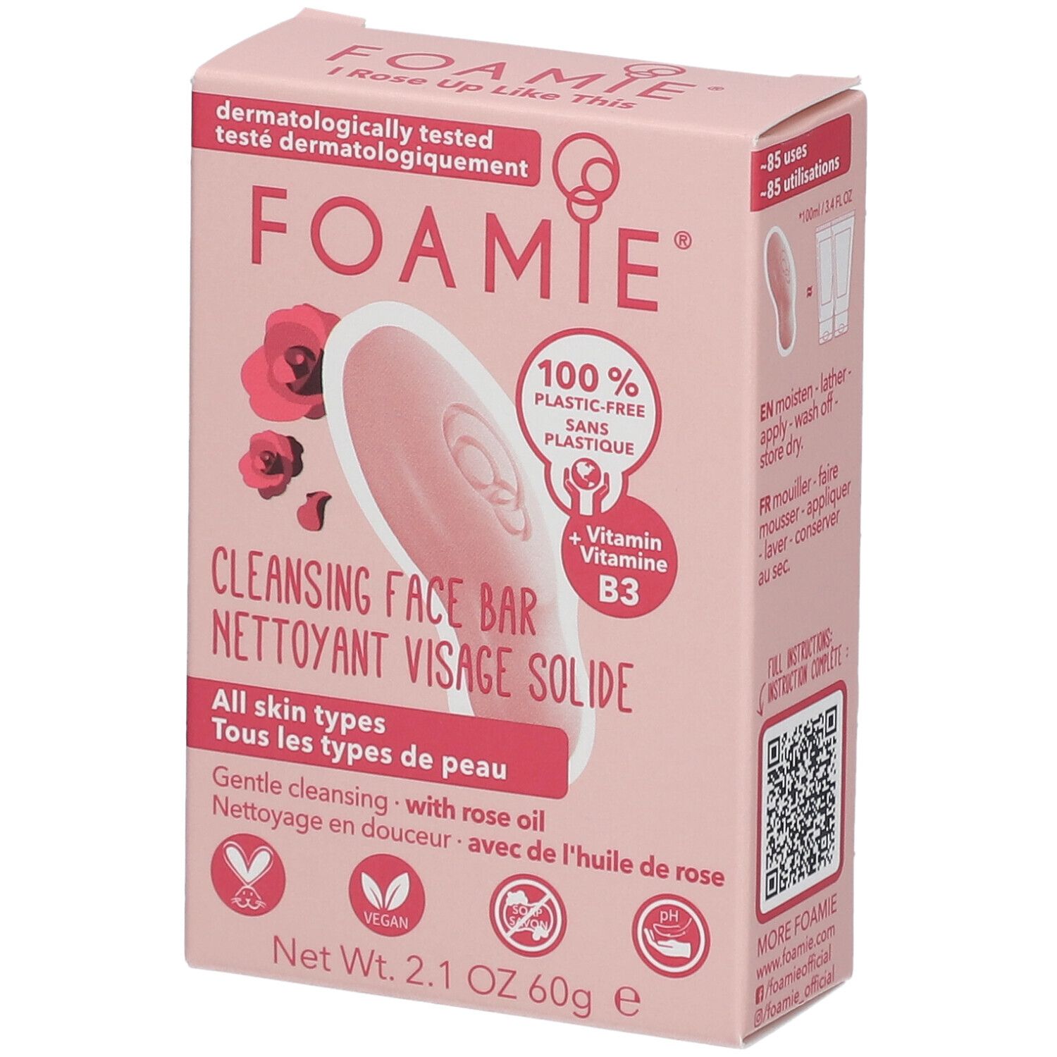 Roze verpakking met product en tekst FOAMIE. Opschrift: Cleansing Face Bar. Veganistisch, 100% plasticvrij.