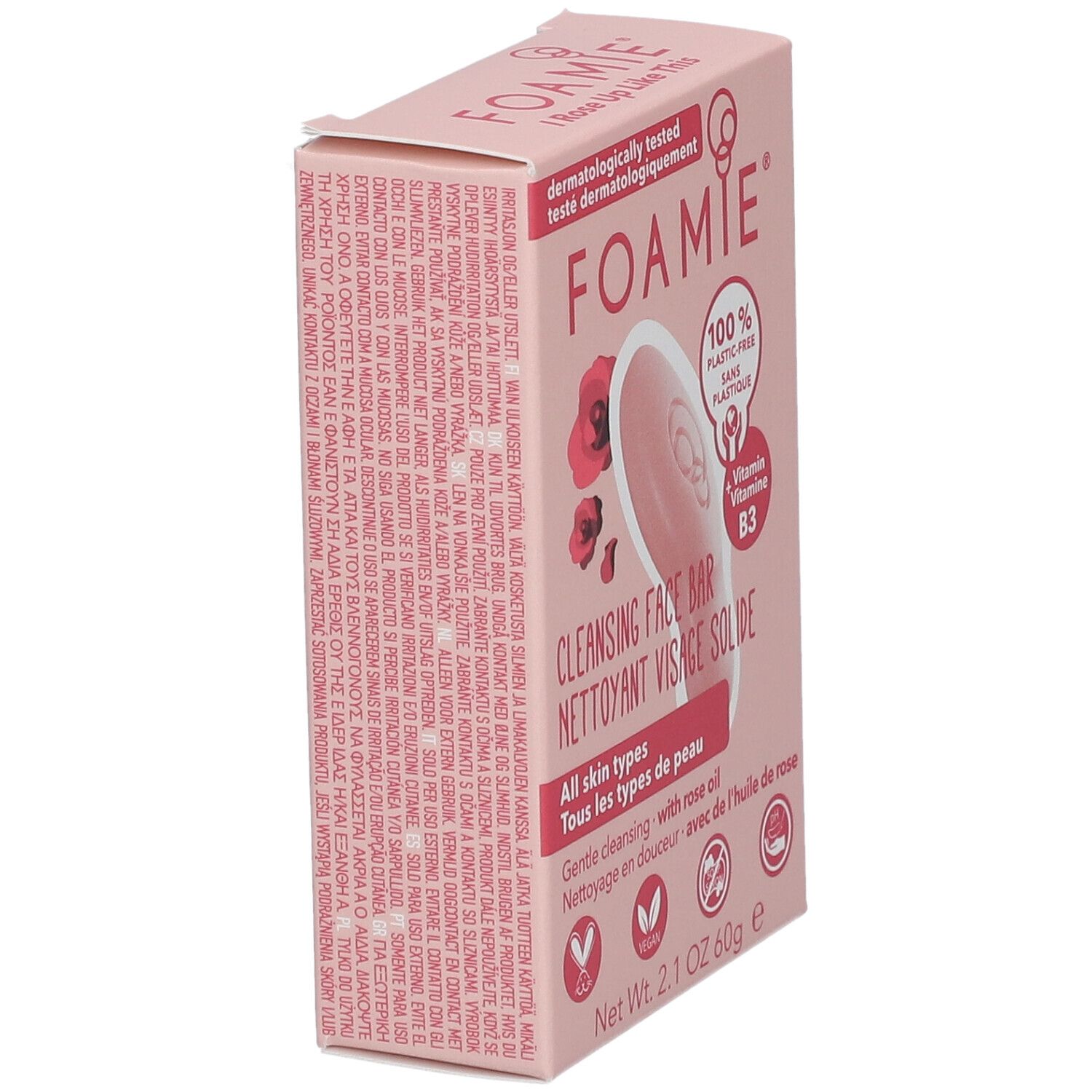 Roze verpakking met product en tekst FOAMIE. Opschrift: Cleansing Face Bar. Veganistisch, 100% plasticvrij.