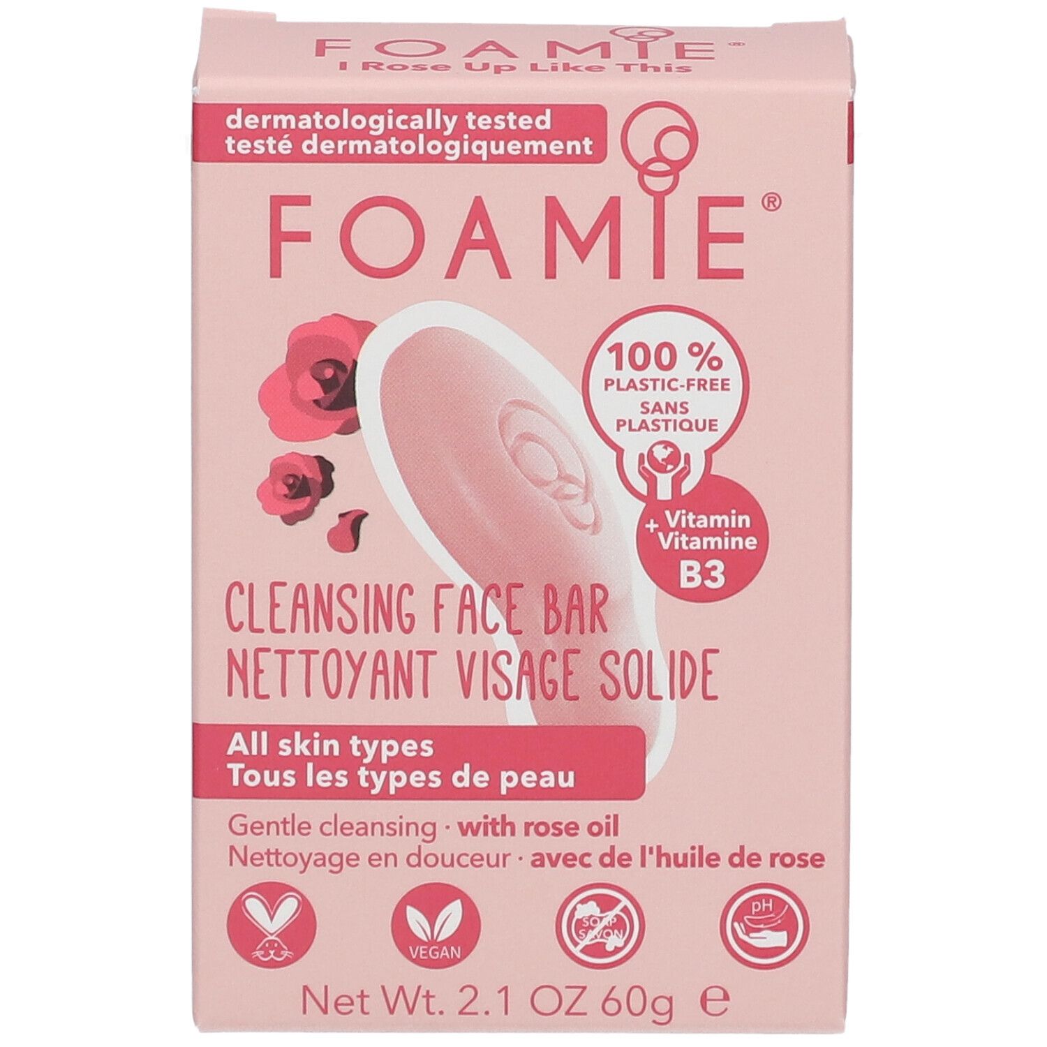 Roze verpakking met product en tekst FOAMIE. Opschrift: Cleansing Face Bar. Veganistisch, 100% plasticvrij.