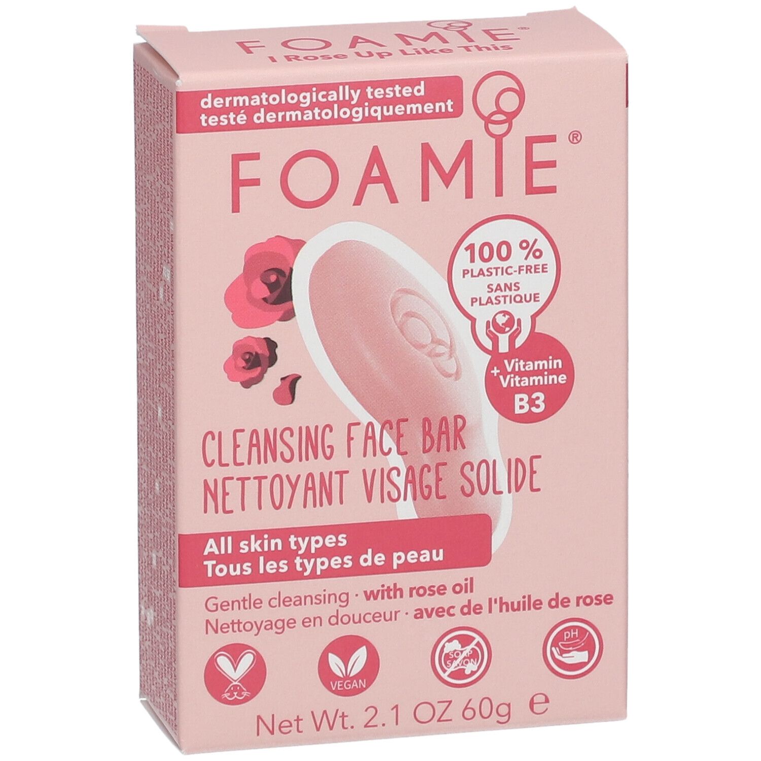 Roze verpakking met product en tekst FOAMIE. Opschrift: Cleansing Face Bar. Veganistisch, 100% plasticvrij.