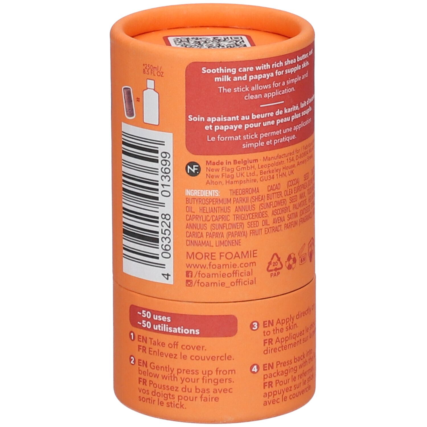 Achterkant van de cilindrische verpakking. Ingrediënten, gebruiksaanwijzing en contactgegevens. 50 toepassingen.