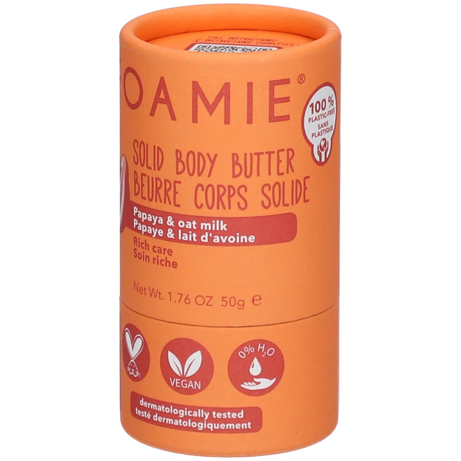 Oranje cilindrische verpakking. Productnaam, papaja-illustratie. Veganistisch zegel. 0% H2O. 100% plasticvrij.