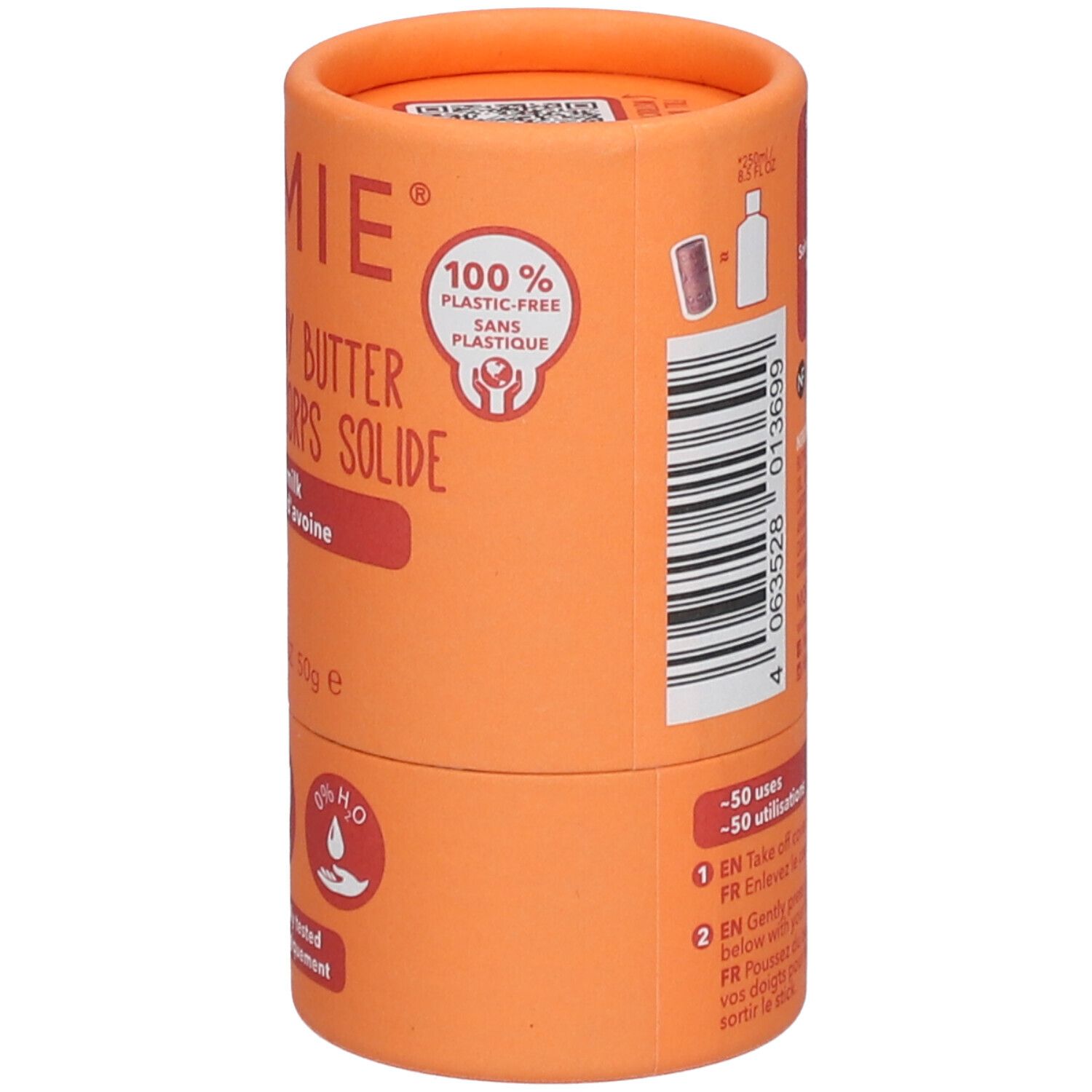 Achterkant van de verpakking. Productnaam, 100% plasticvrij. Gebruiksaanwijzing. 50 toepassingen. Veganistisch zegel.