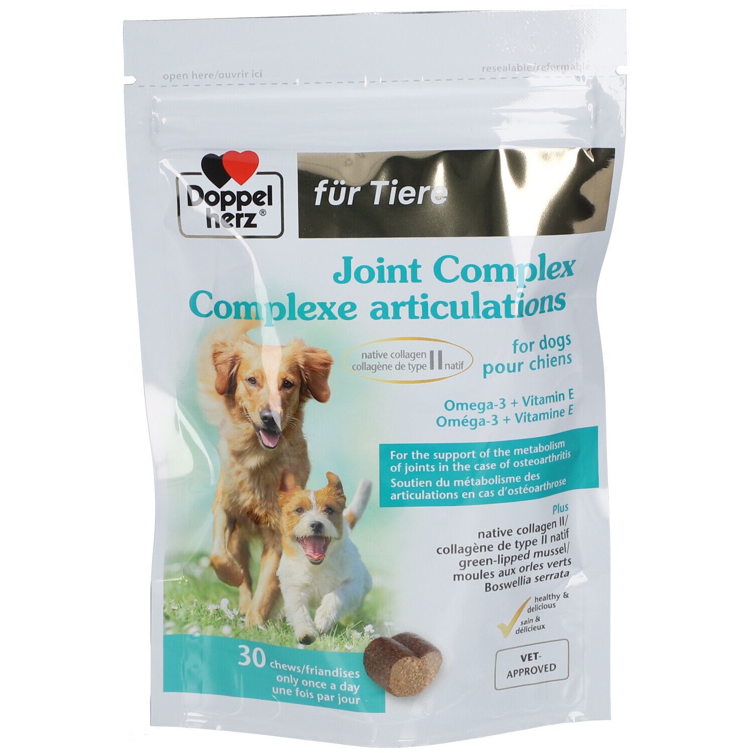 Sachet de produit pour chiens. Logo Doppelherz et nom du produit. Image de chiens. Texte : "Joint Complex".