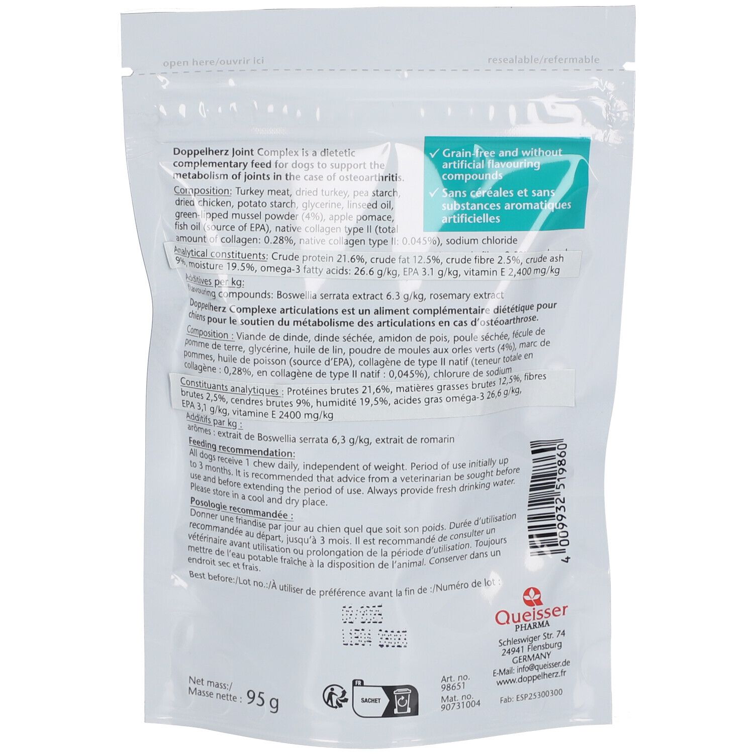 Dos du paquet de produit. Texte avec ingrédients et recommandations d'alimentation. Logo Doppelherz et informations.